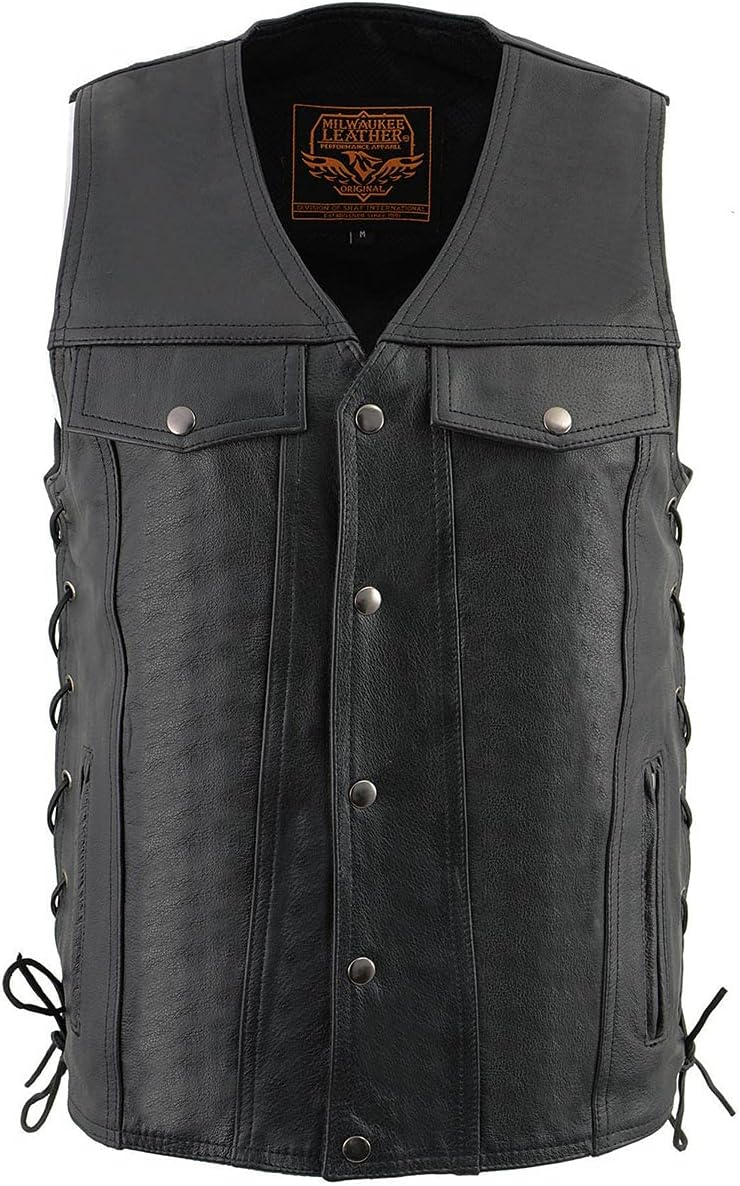 Milwaukee Leather LKM1360 Men's Classic Black Leather V-Neck Motorcycle Rider Vest w/Adjustable Side Laces - X-Large - Image 7