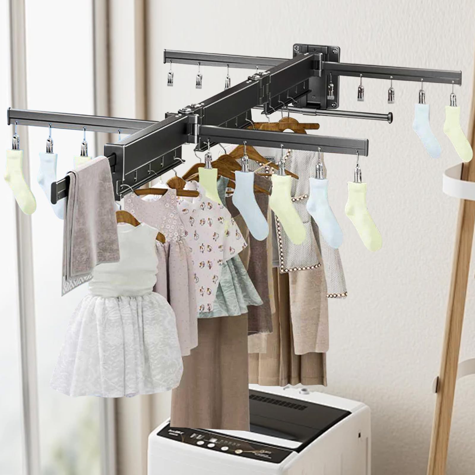 Tendedero Plegable de Pared 124cm, Tendedero Extensible 20 Pinzas para Ropa Interior, Calcetines, Tendedero Pared Retractil Aluminio Tendedero Plegable para Balcón, Lavandería, Baño