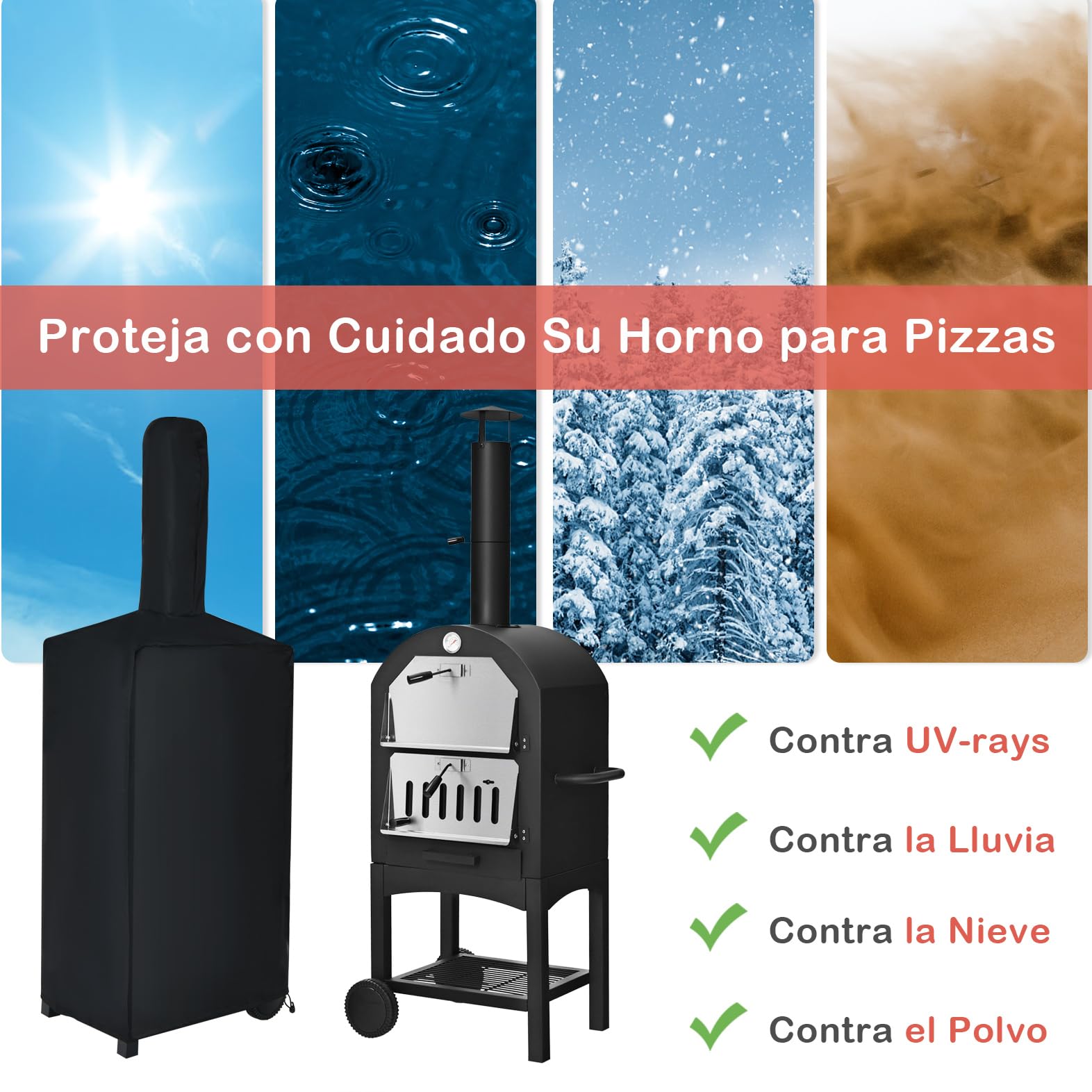 GOPLUS Horno de Pizza al Aire Libre con 31cm de Piedra y Termómetro Doble, Horno para Pizza con 2 Ruedas y Funda Impermeable, Calentador de Pizza con Mango Ergonómico para Picnic, Hasta 350ºC