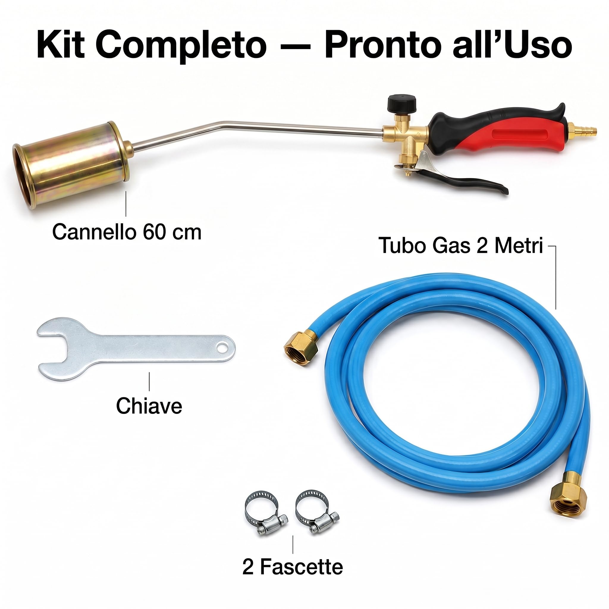 Lemag Cannello da Riscaldo a Gas con Leva 60 cm – Kit Completo con Chiave Tubo 2m e 2 Fascette – Bruciatore Ø45mm per Diserbo Termico Accensione e Sverniciatura – Cannello GPL | Made in Italy