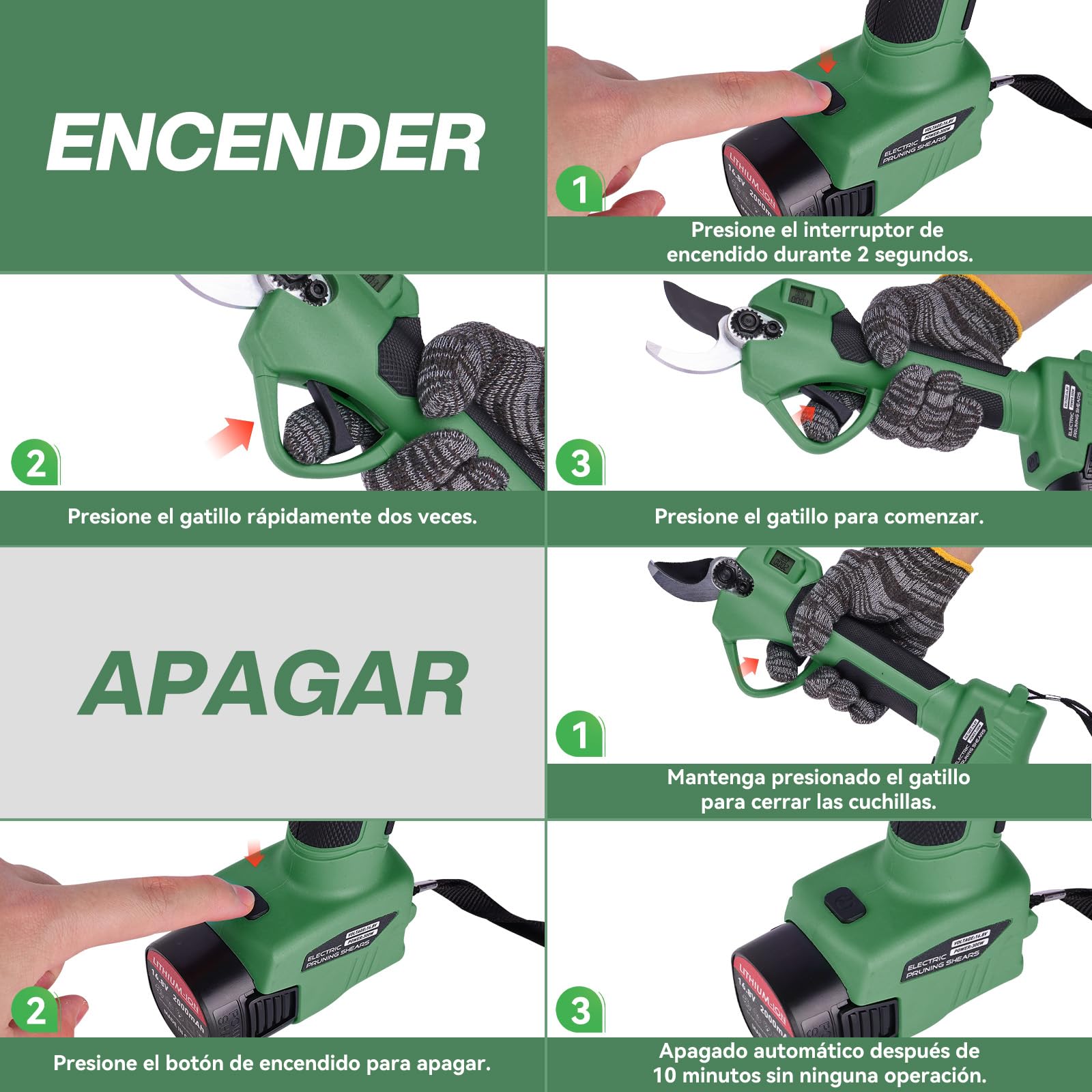 Tijeras de Podar Eléctricas 35mm Profesionales Tijeras de Podar con Baterías 21V 2x 2000Amh Ultraligera SK5 LCD Motor para Viñedos, Olivos, Árboles Frutales Verde