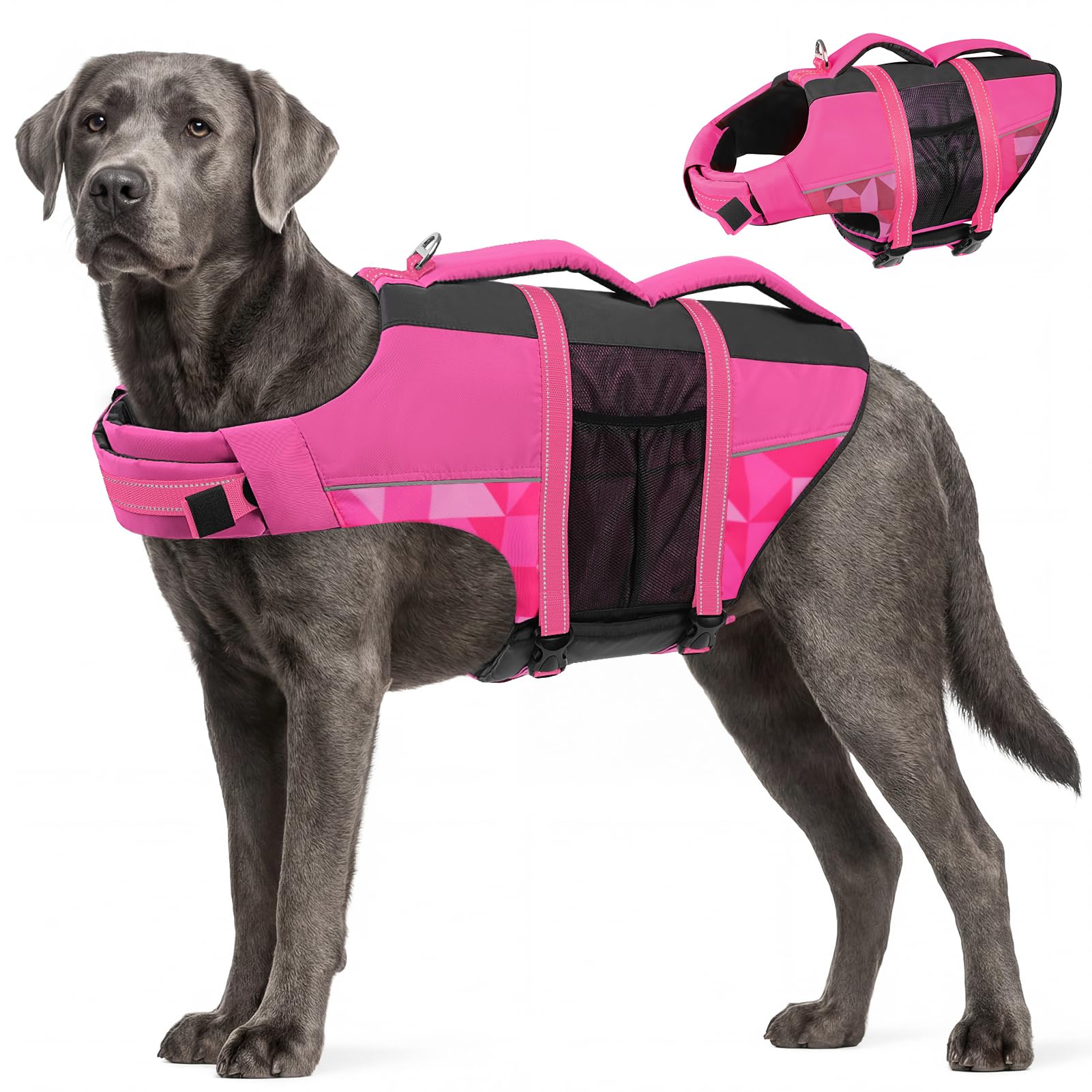 CITÉTOILE Giubbotti di Salvataggio per Cani, Regolabile Salvagente per Animali con Manico, Costume da Bagno di Sicurezza in Acqua per la Vela in Piscina Sulla Spiaggia, Rosa, XXL
