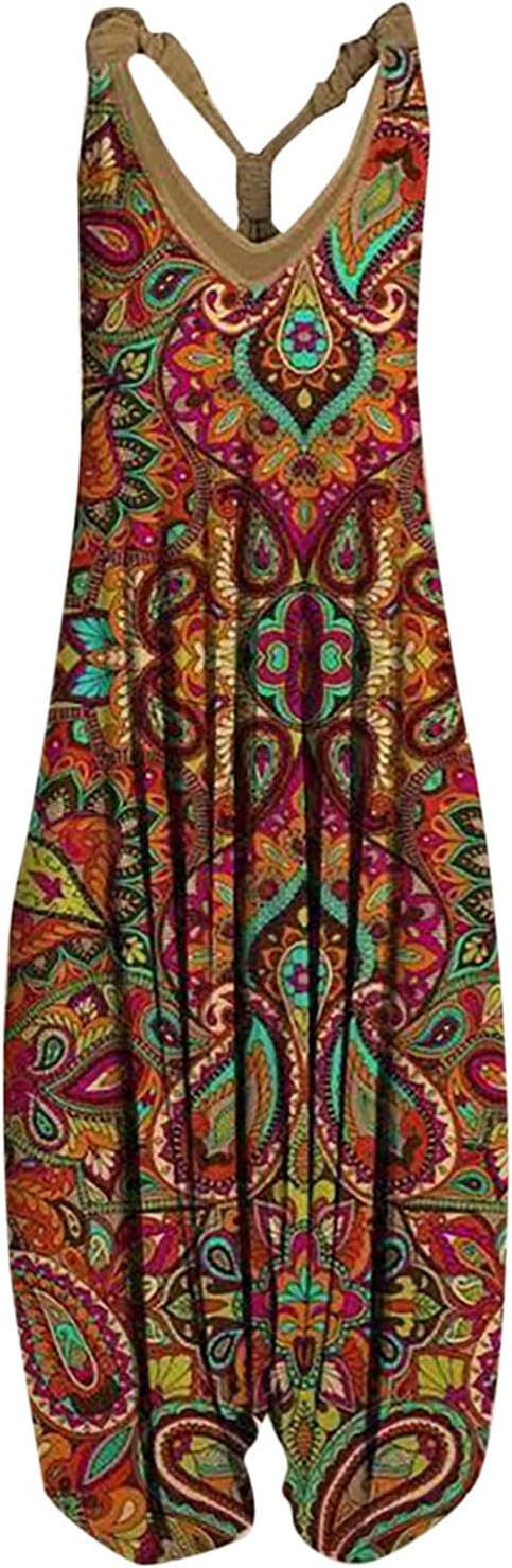 AMhomelyDungarees for Women UK Wide Leg Jumpsuit Loose Fit Playsuits Summer Romper Overalls Women Casual Boho Print Romper Long Playsuit Strapless Sleeveless Jumpsuit