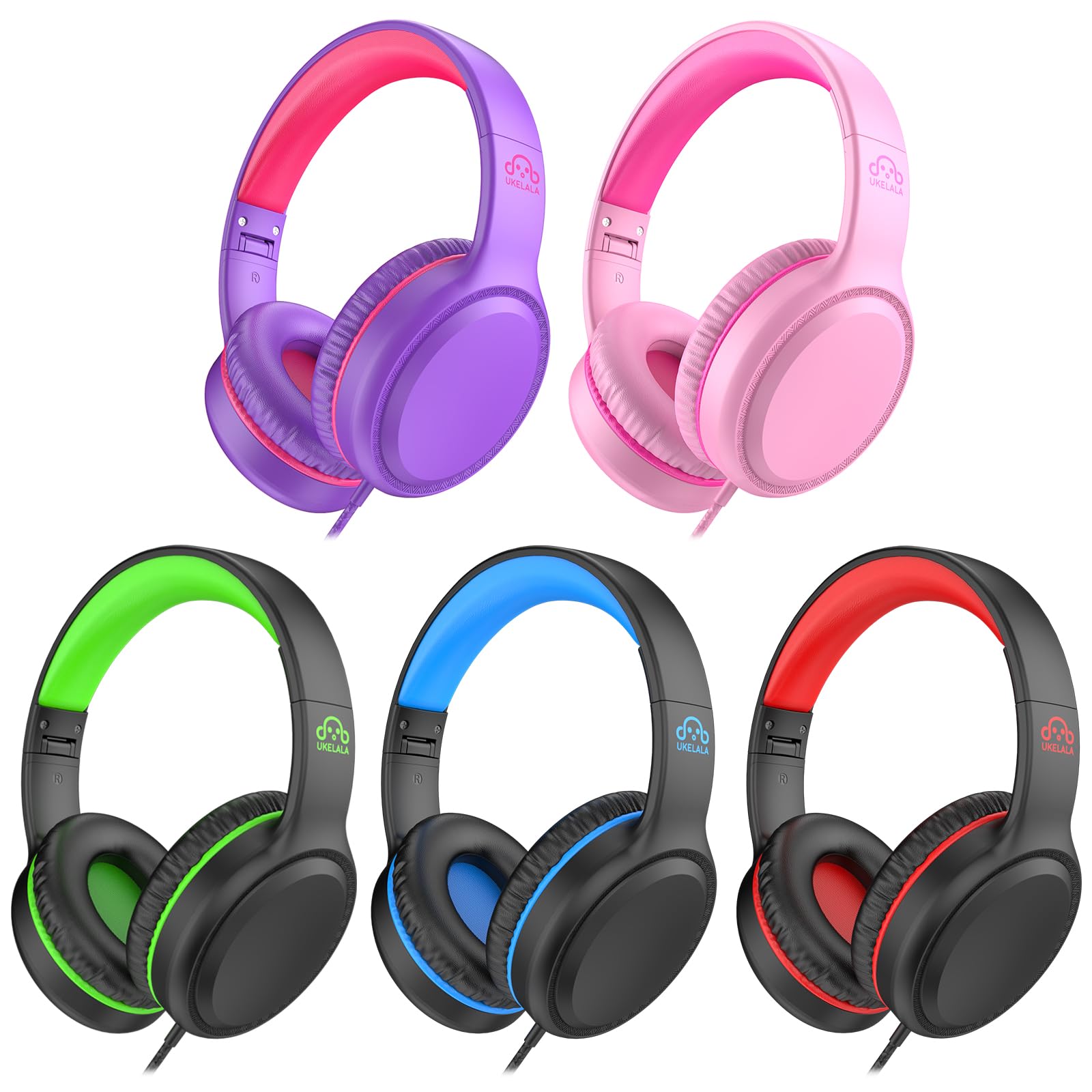 UKELALA 5Pack Bulk Wired Headphones for Kids Stereo Lightweight Youth Headphones with 4.9 ft NO-Tangle Cord & 3.5mm Jack Compatible with chromebooks