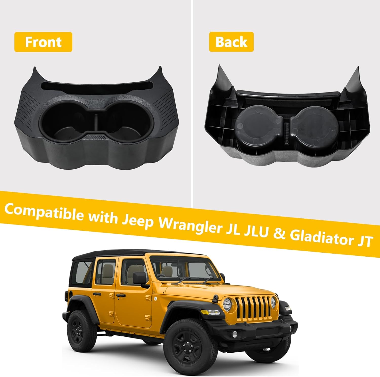 BESTAOO 2-in-1 Rear Cup Holder for JL, Removable Anti-Slip Pad, Dual Drink Tray for Back Seat, Floor Console Mounted, Easy Install, Compatible with 2018-2023 Jeep Wrangler JL JLU & Gladiator JT