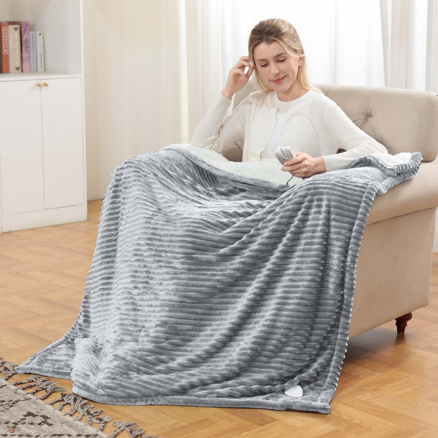 Electric Blanket with Auto Shut Off, 180 x 135 cm, 6 Heat Levels, Overheating Protection, Electric Blanket for Bed, Home and Office, Flannel Machine Washable, Grey