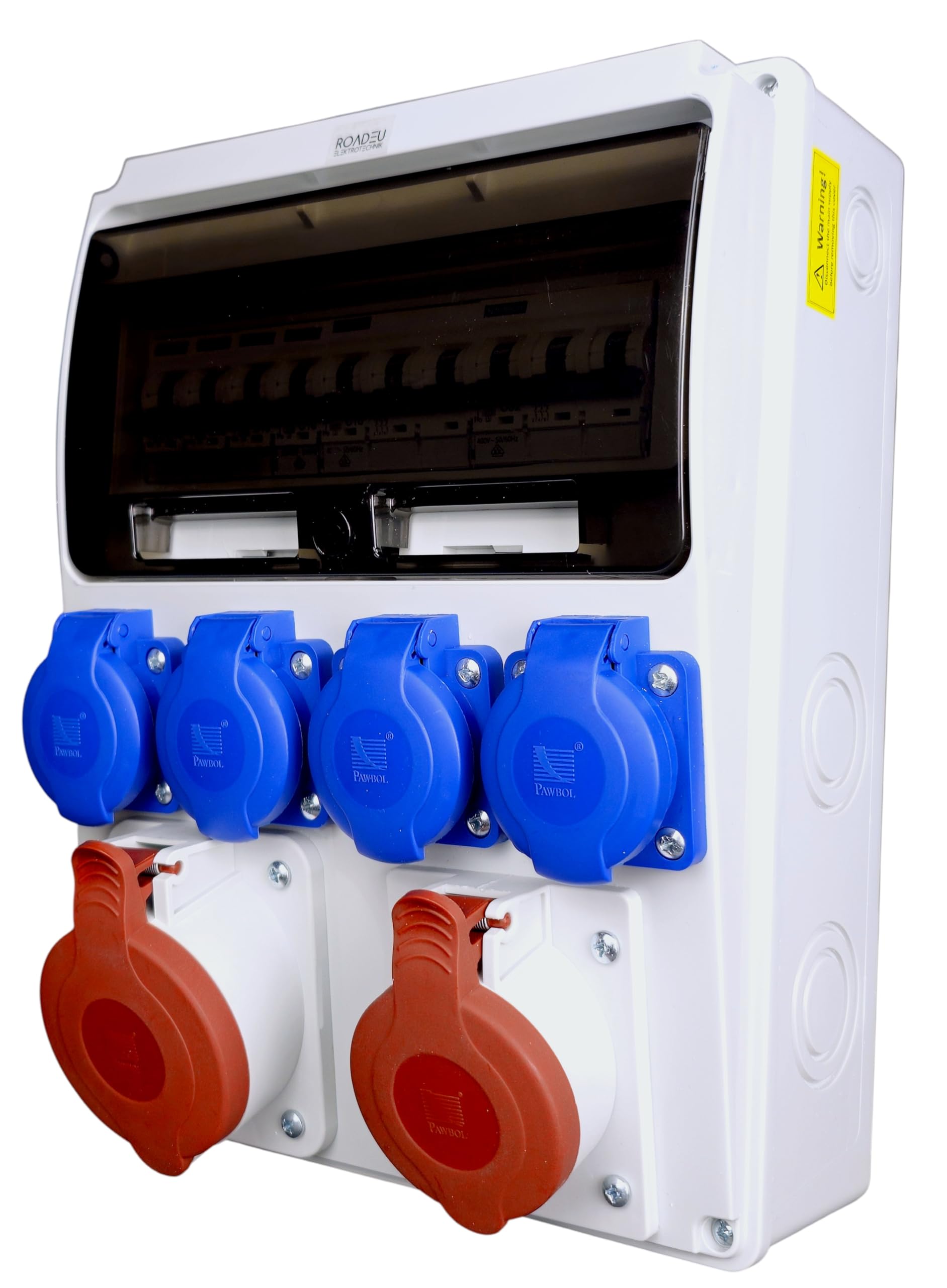 RoadEu - Distribuidor de corriente 16A 5P y 32A 5P, con 4 tomas Schuko de 230V y magnetotérmicos. Distribuidor de obra con protección IP44. Cuadro Eléctrico Ideal para talleres, cobertizos o jardines.