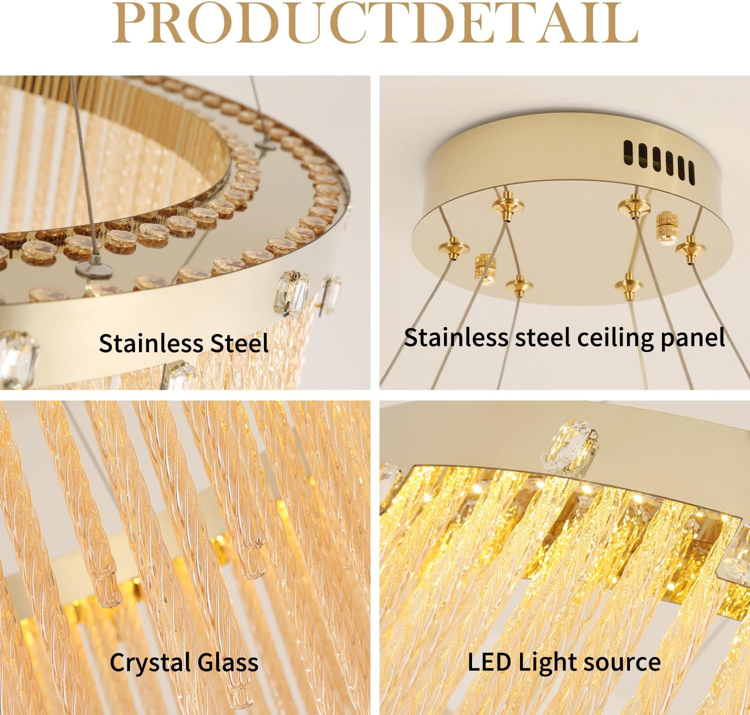 23.6" LED Chandelier for Dining Room Table, 120W Dimmable Round Champagne Gold Crystal Light Fixture, Adjustable Height Foyer Ceiling Lamp with Remote & App, 3000K-6000K Stainless Steel