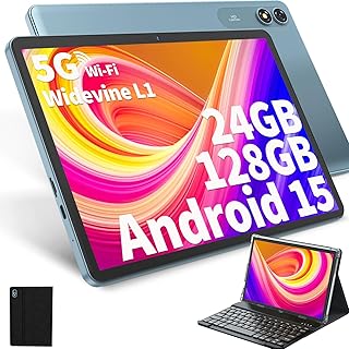 Tablet Android con teclado, tableta Android 15 de 10 pulgadas con 24 GB+128 GB, expansión de 1 TB, 8 núcleos, 8000 mAh, WiFi 5G, Widevine L1, GMS, con funda, teclado, ratón, lápiz óptico (negro