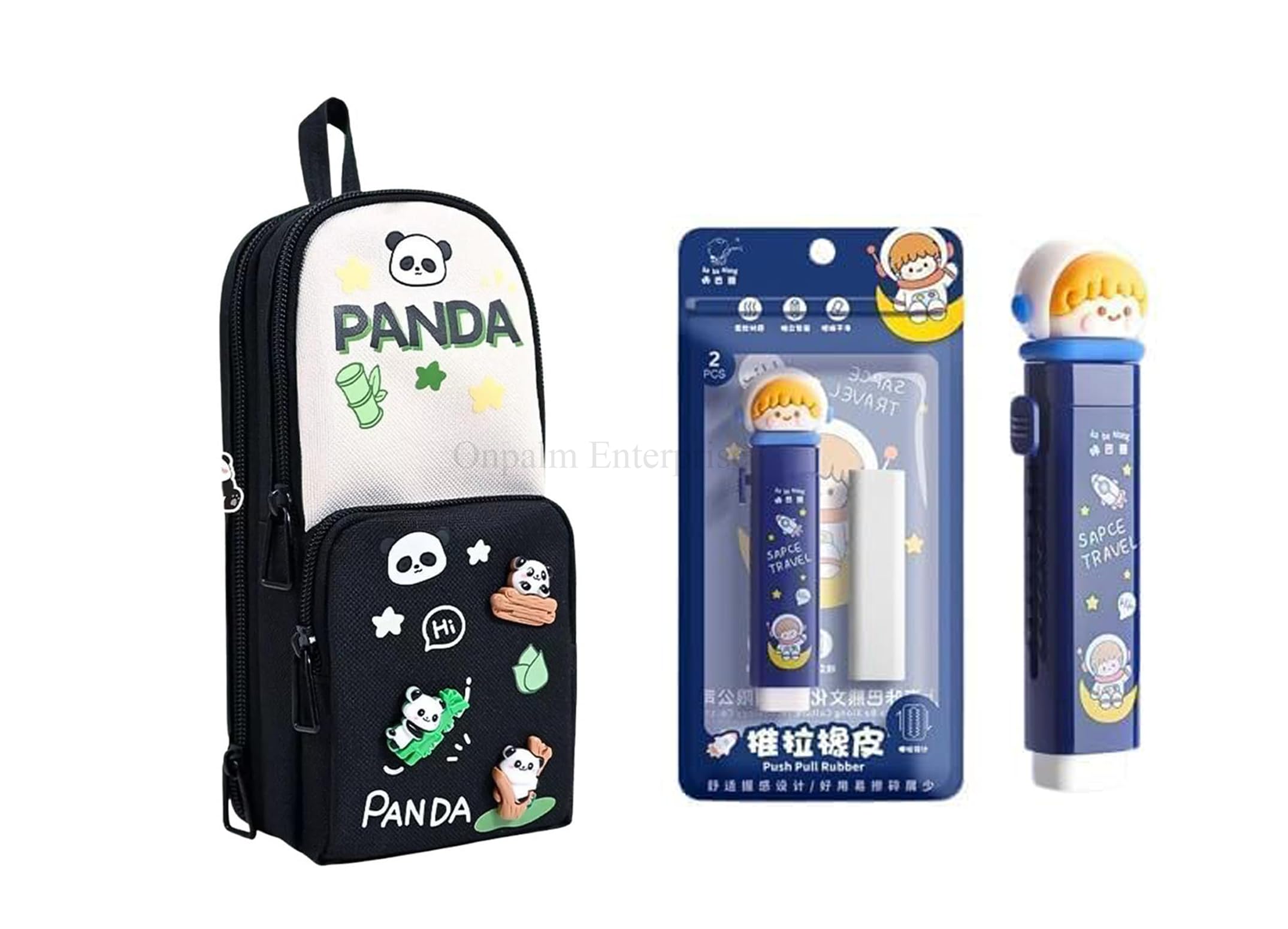 Onpalm Enterprise Kawaii Pencil Case with Cartoon Eraser Pen Cute Stationery Set for Girls, School Supplies Pouch with 3D Cartoon Design, Zipper Bag + Pen-Style Eraser Gift Set (Black)-image-5