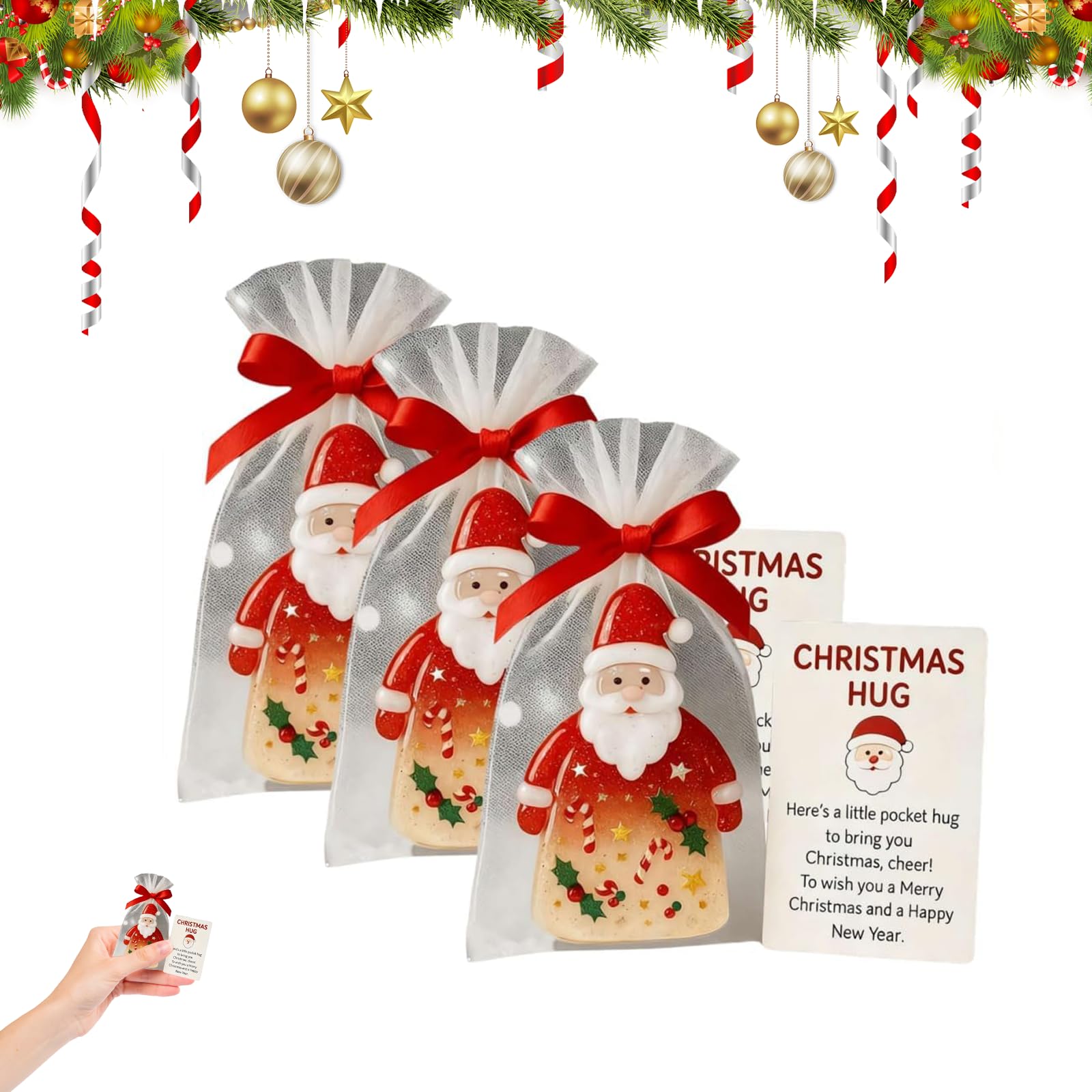 Little Pocket Christmas Hug,Christmas Pocket Hug Gifts with Encouragement Cards,Santa Claus Charm Ornaments,2025 Unique Holiday Cards,Sentiment Support Keepsake for Friends Family Coworkers (3pcs)