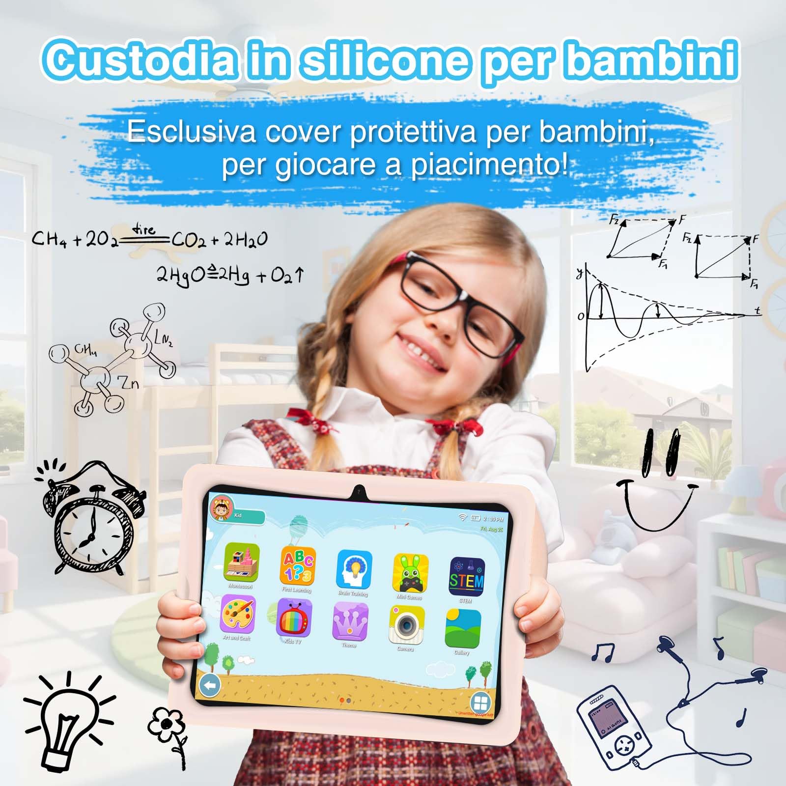 U10 KID Tablet Bambini 10 Pollici, Controllo Parentale, 9GB+128GB/TF 1TB, Android 13, Custodia Antiurto EVA, Kids Space, WIFI6, 8MP+5MP, 5060mAh, Widevine L1, Rosa