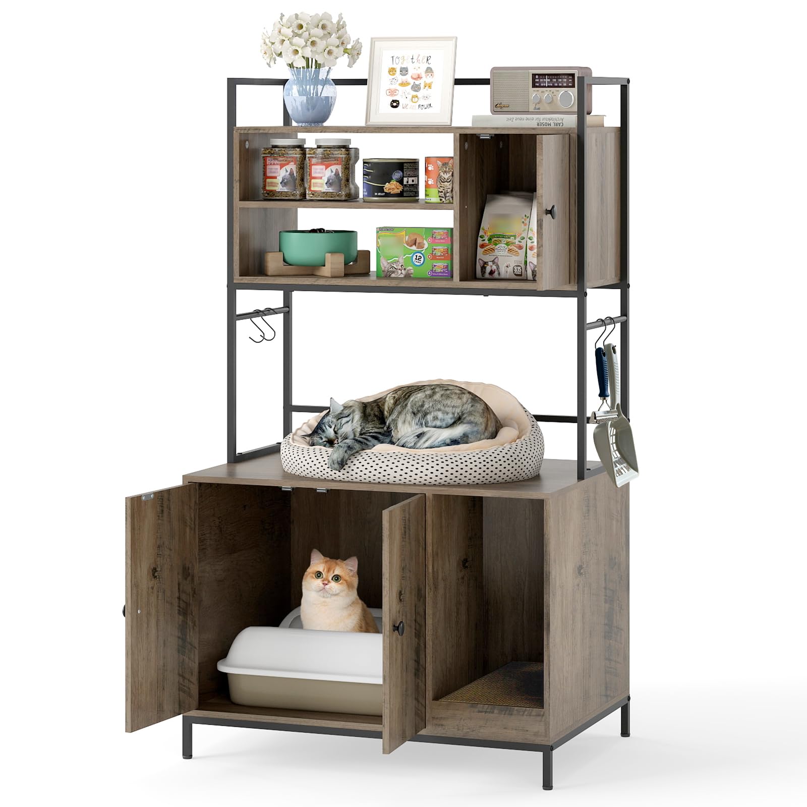 COSTWAY Cat Litter Box Enclosure, Hidden Cats Washroom Furniture with Storage Shelves, Hooks, Scratching Board, Modern Wooden Cat House Bookshelf
