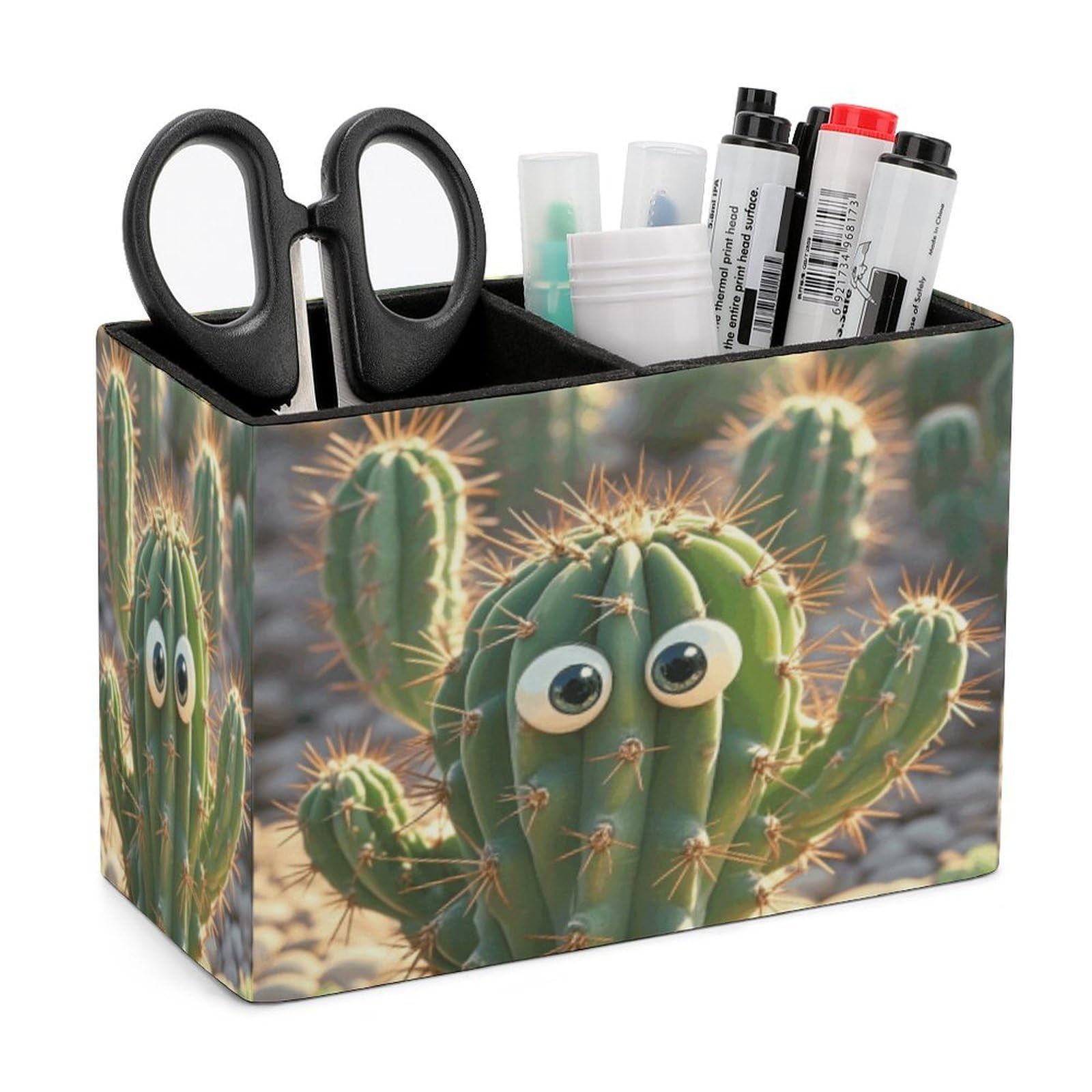 LZQPOEAS Cute Cactus Leather Pen Holder Square Pencil Holder Multi-Functional Desk Organizer Modern Pen Cup Pencil Cup Minimalist Desktop Stationery Organizer for Desk Office Home