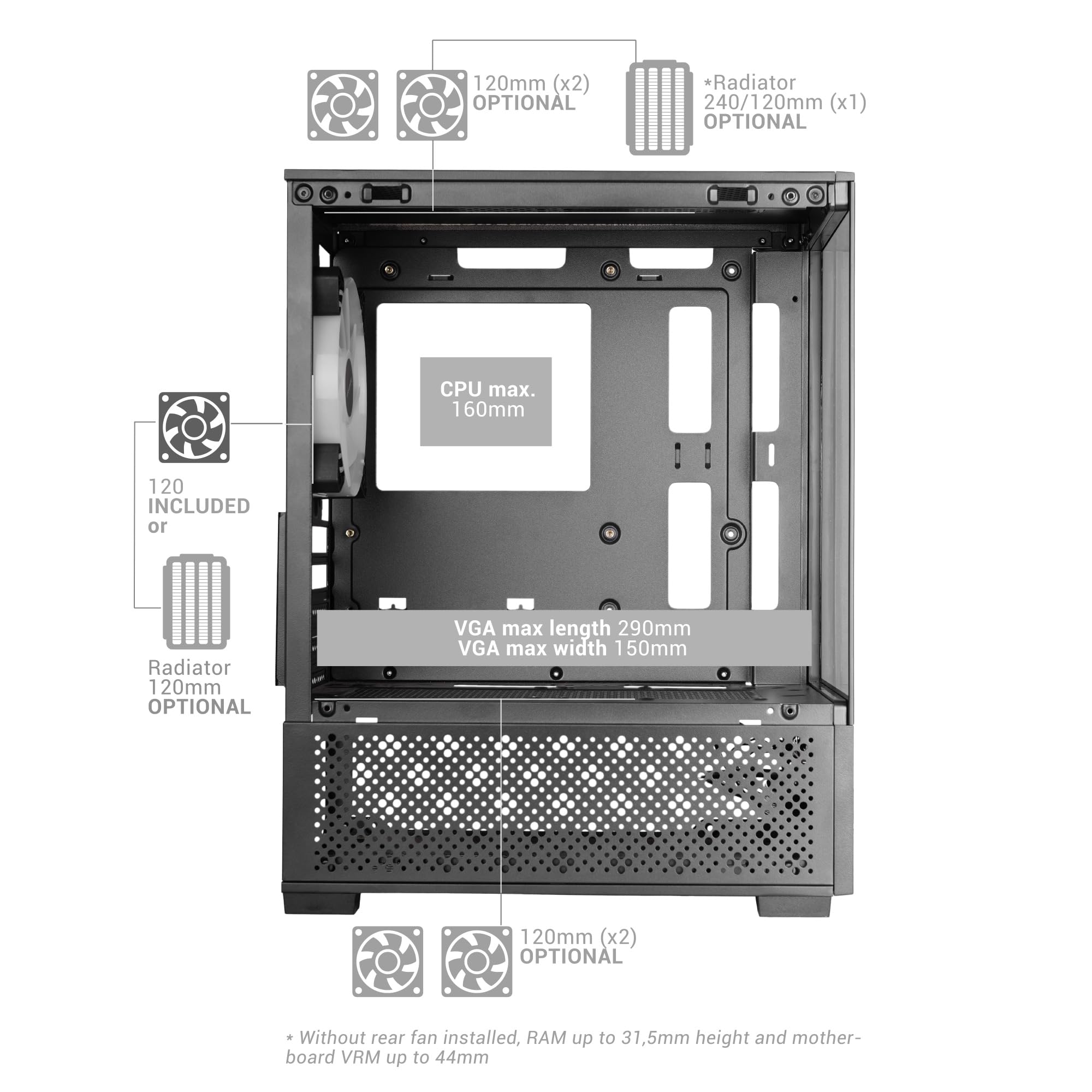 Mars Gaming MC-SE2, MicroATX Gaming-Gehäuse, Gehärtetes Glas an Vorder- und Seitenwand ohne Rahmen, 120mm FRGB-Lüfter, Zwei-Kammer-Struktur, Kompaktes PC-Gehäuse mit großem Innenraum, Schwarz - 5