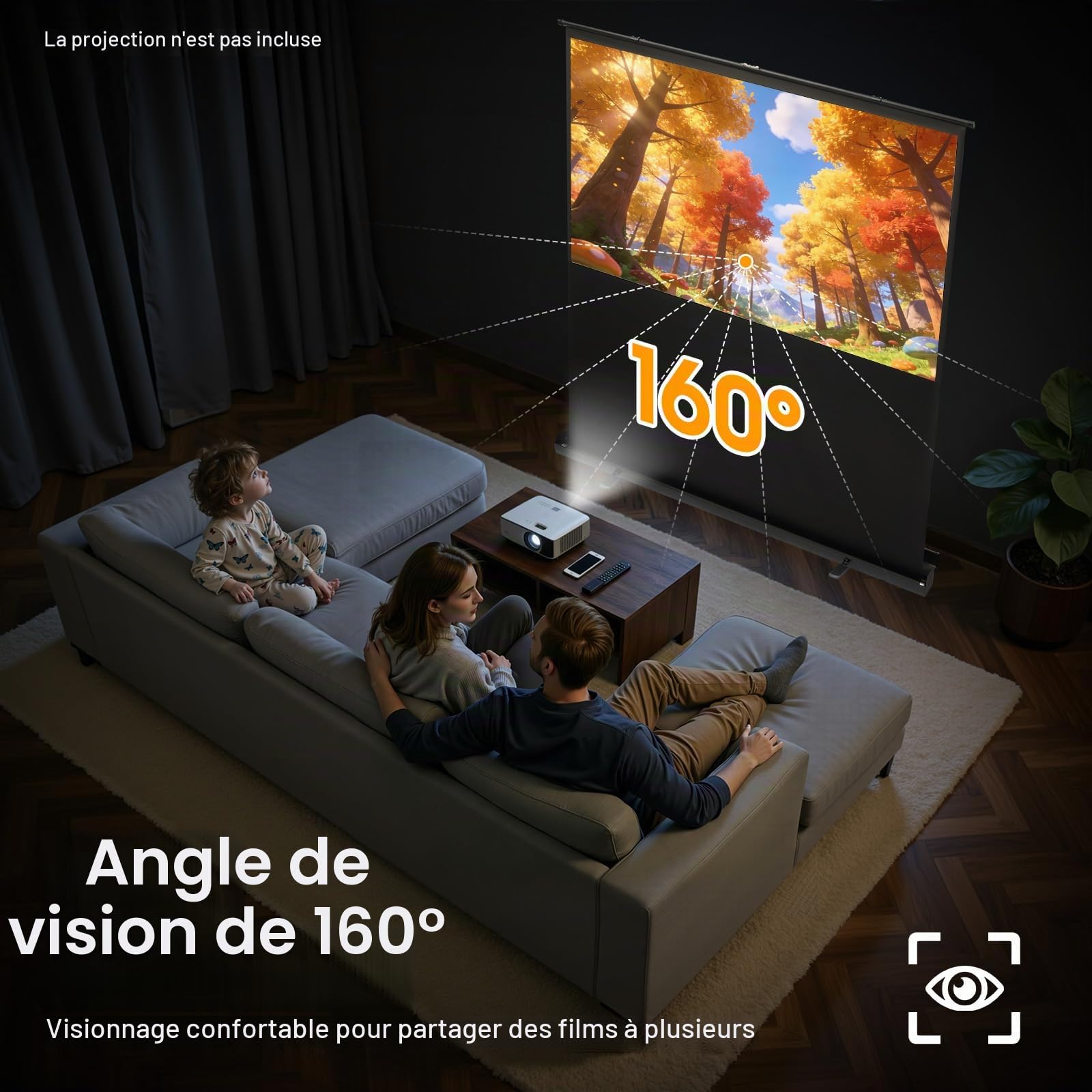 Écran de Projection Portable de 80" 16:9- avec Support - Projecteur de Sol Rapide - pour Home cinéma, Camping et événements de Loisirs - 4K et 8K