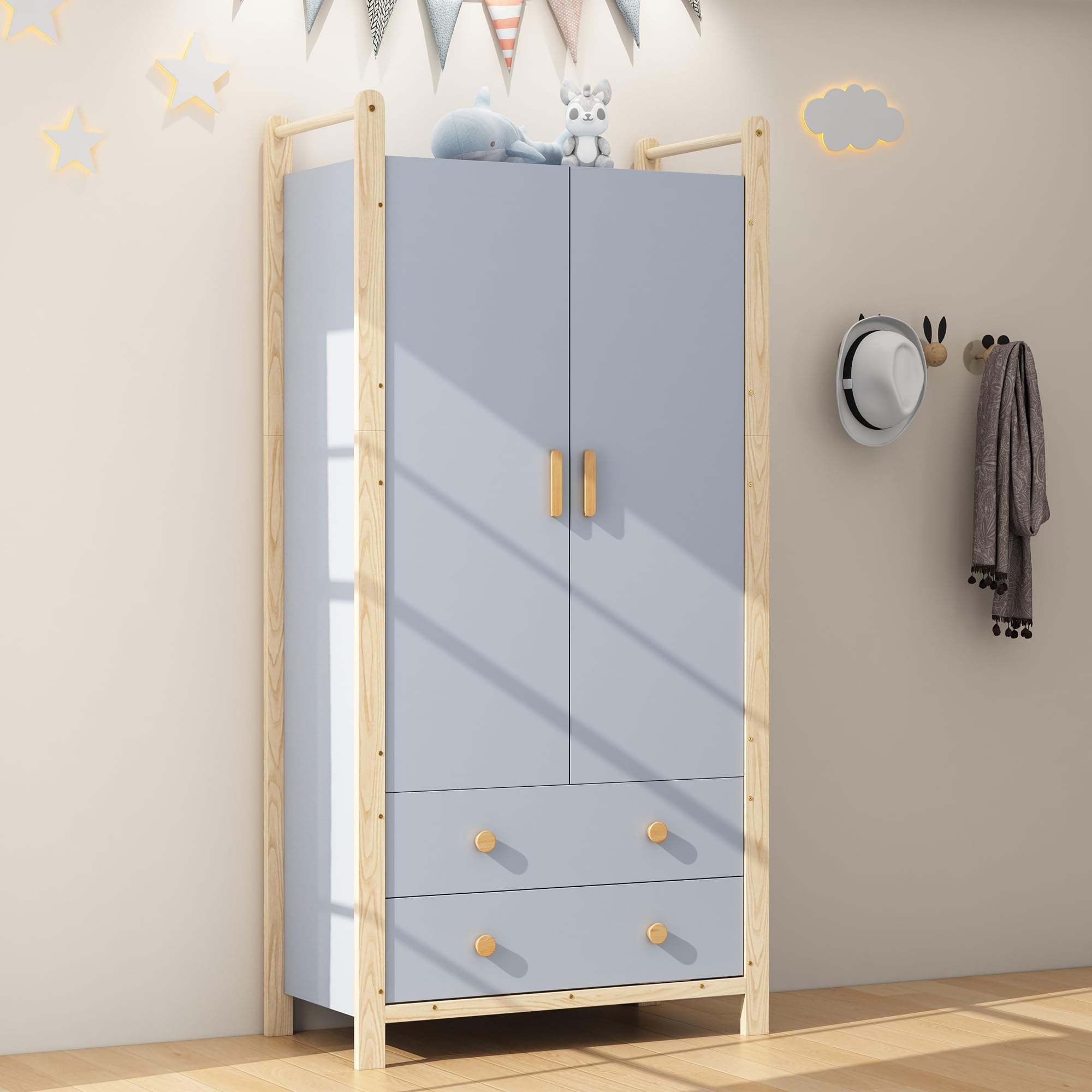 Armario para Niños con 2 Puertas y 2 Cajones 180x90x45 cm Armario Ropero de Madera con Barra para Colgar, Ropero Estrecho Moderno para Dormitorio, Salón, Perchero de Pasillo, Azul y Natural