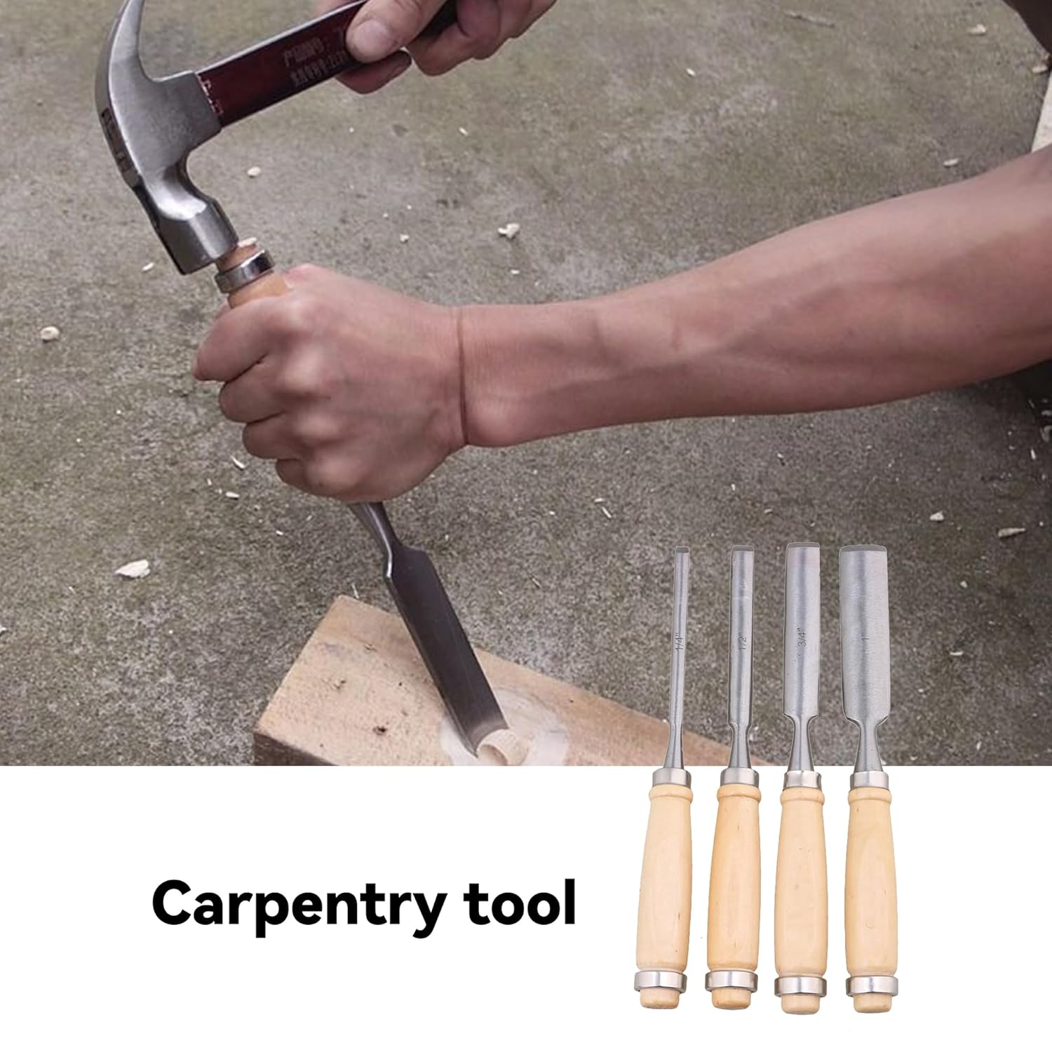 CNBTR 4PCS Wood Chisel Set 1/4" 1/2" 3/4" 1" Kit w/Hammer 8 oz Stone 120 240 Grit for Woodcarving