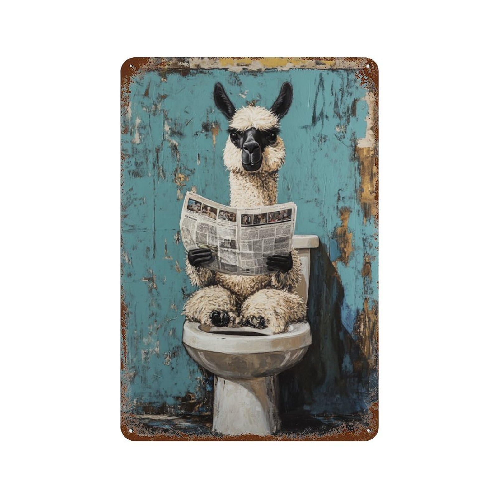 Llama Reading Newspaper on Toilet-1 11.8"x7.9" Aged Metal Wall Plaque, Vintage Wall Decor for Bistro, Counter And Cafe Decor