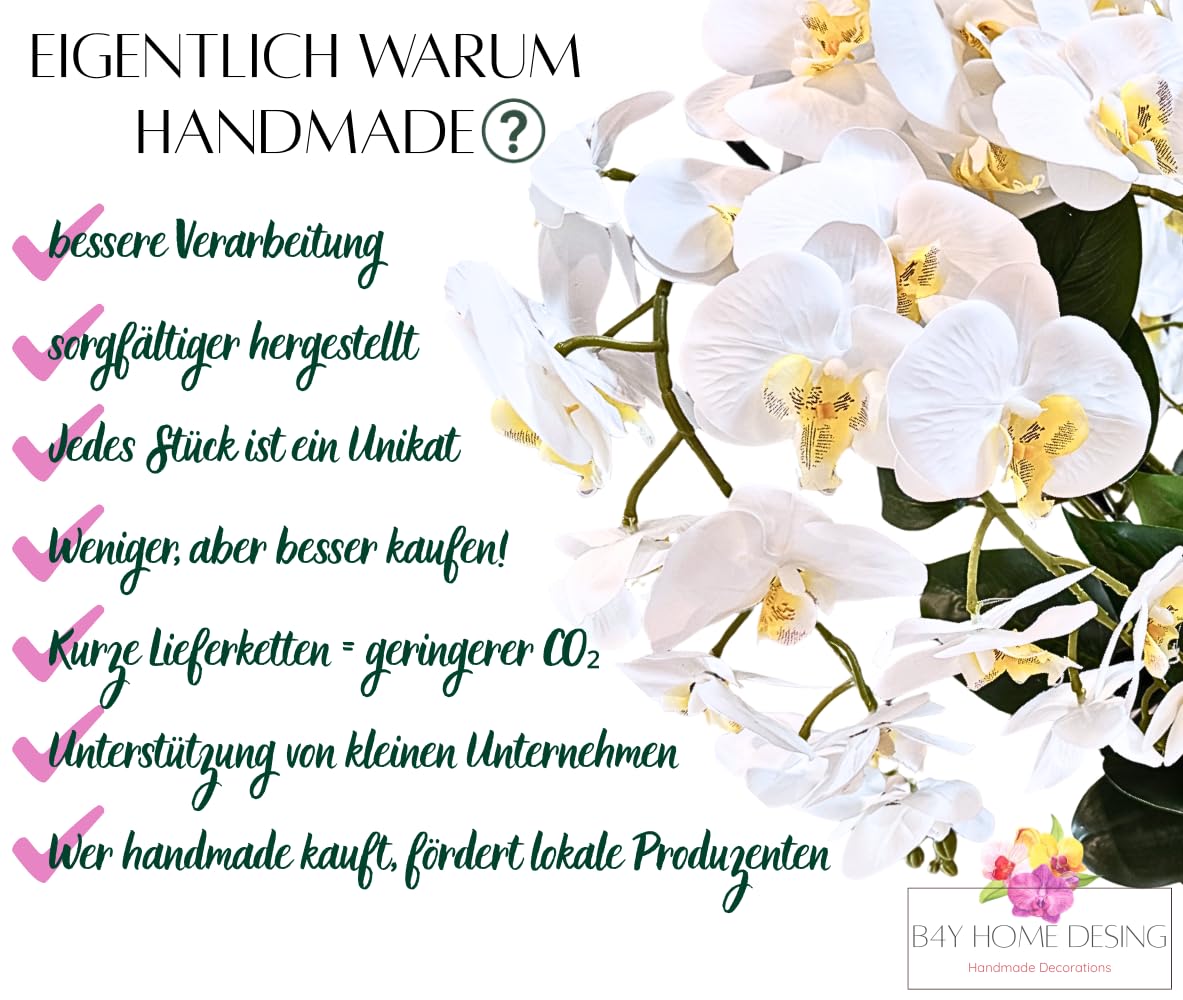 B4y Kunstliche Orchidee im Topf 120x40cm XXL groß, 5 biegsame Rispen, Real Touch Blüten - pflegeleicht & robust | täuschend echte Kunstblumen, minimalistisch - Wohnkultur Hochzeit (weiß/weiß)