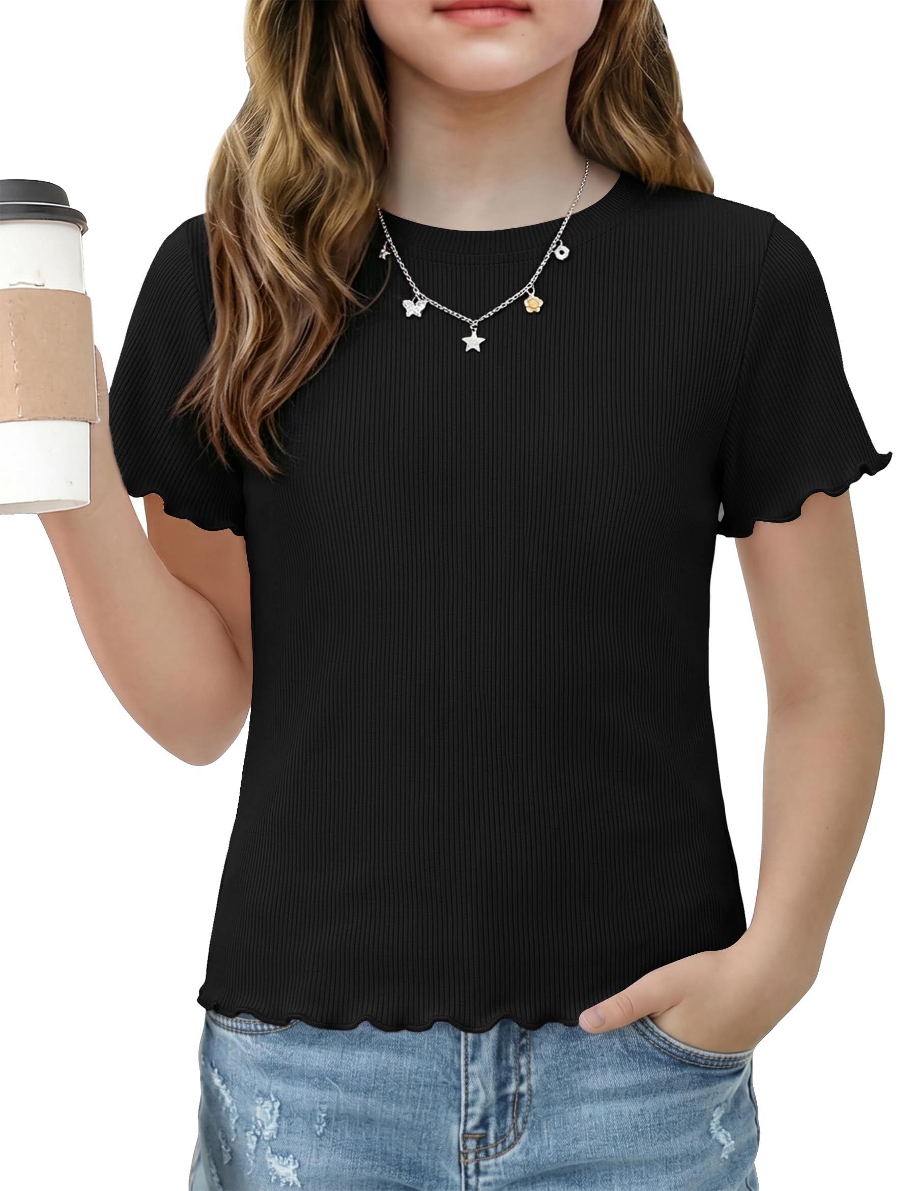Demegimi T-Shirt Mädchen Kurzarm Sommer Gerippt Oberteil Rundhals Shirt mit Rüschen Weiches Basic Top Freizeitshirt 5-14 Jahre