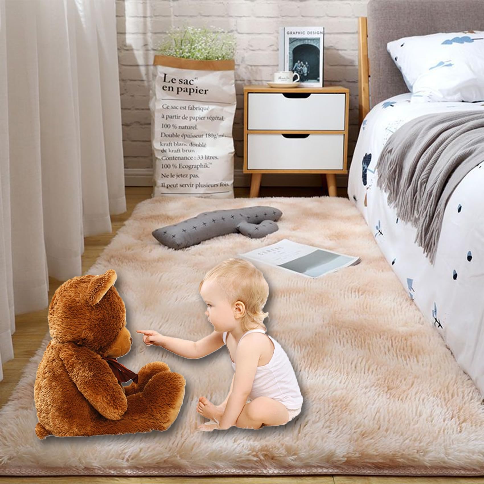 Alfombra Habitación Juvenil 155 x 220 cm, Súper Grueso Lavable a Máquina Duradero, Antimanchas, Resistente a La Humedad, Modernas Dormitorio Alfombras, para Dormitorio, Beige