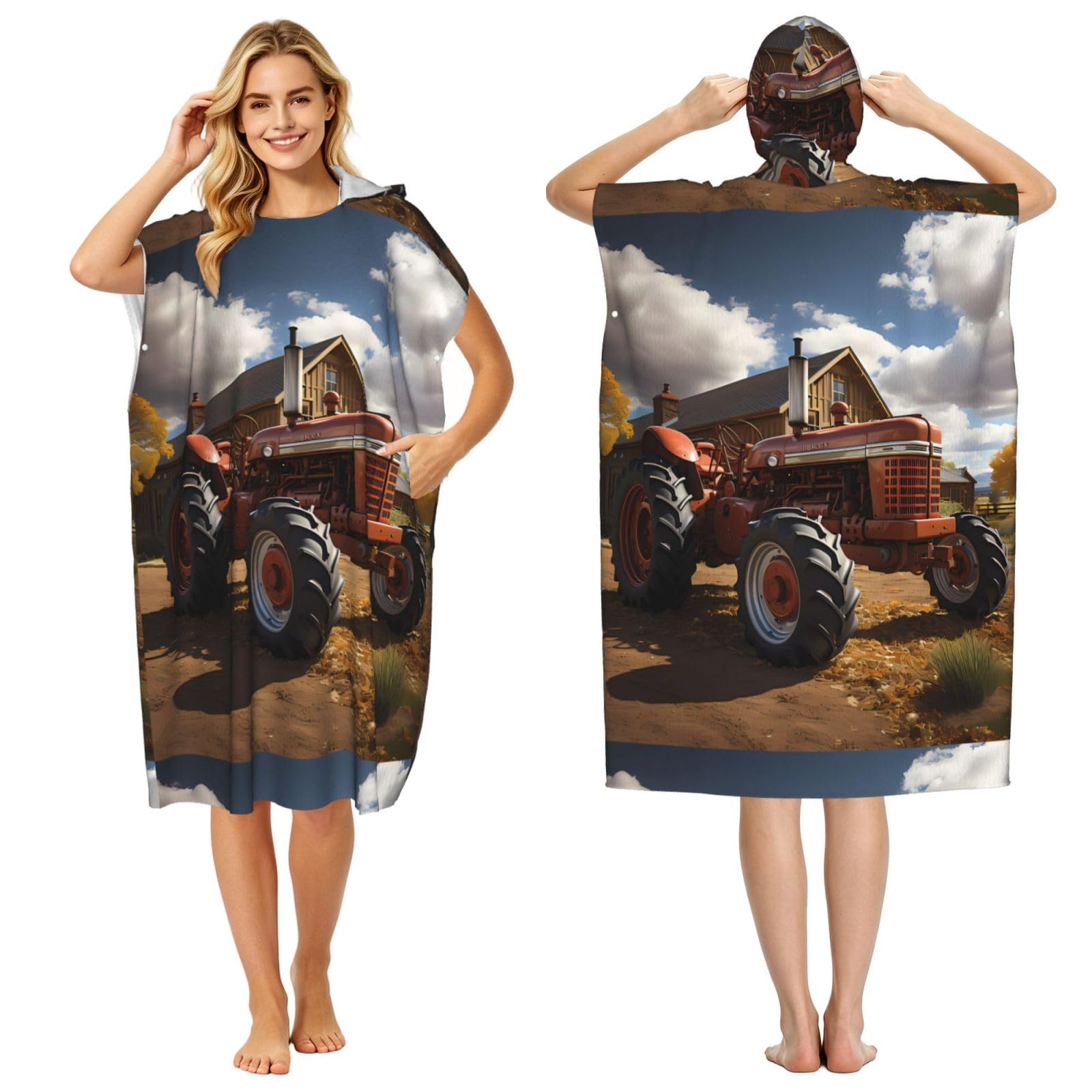 WSSYYBFRed Tractor Adult hooded beach towel Oversized with Hood for Absorbent Quick Dry