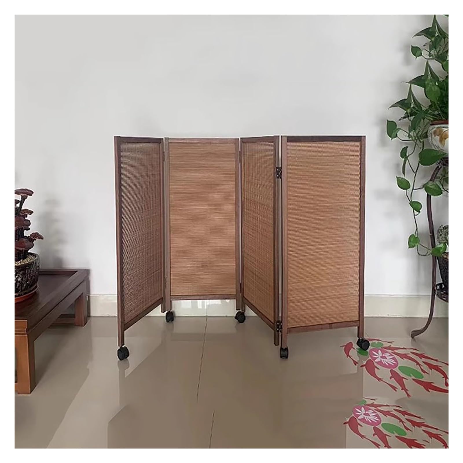 Small mobile room divider with wheels foldable, 4-panel outdoor dividers for privacy 48 in high, rolling privacy screen for room separation, Portable Wall Divider ( Color : Brown , Size : Tall-120cm/4