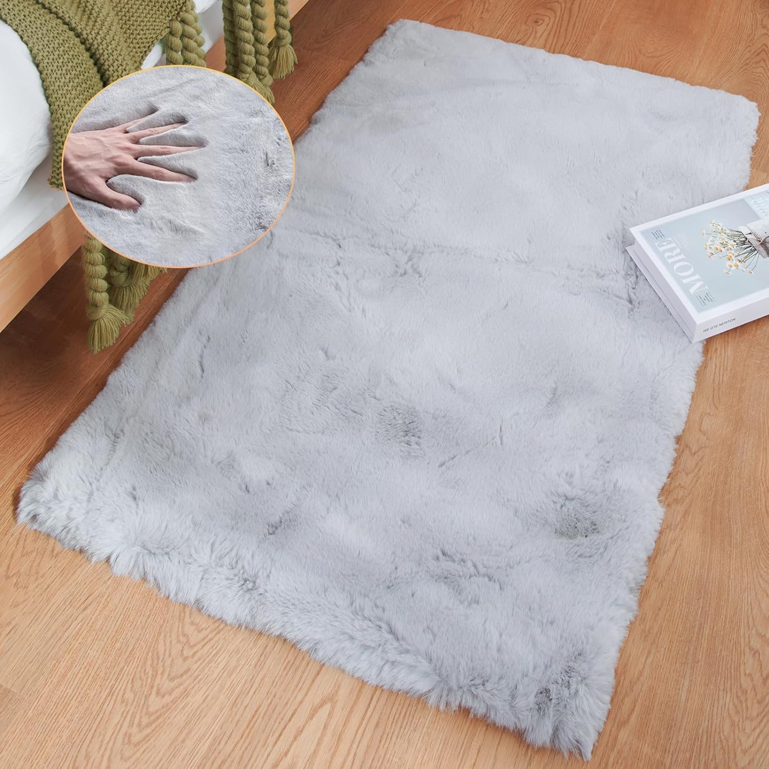 Premium Rabbit Fur Rug for Bedroom Thick Fluffy Rug, Non-Shedding Fuzzy Rug Washable Area Rug Shaggy Nursery Rugs Indoor Floor Carpets for Bedside Sofa Living Room (Grey, 20x30)-image-14