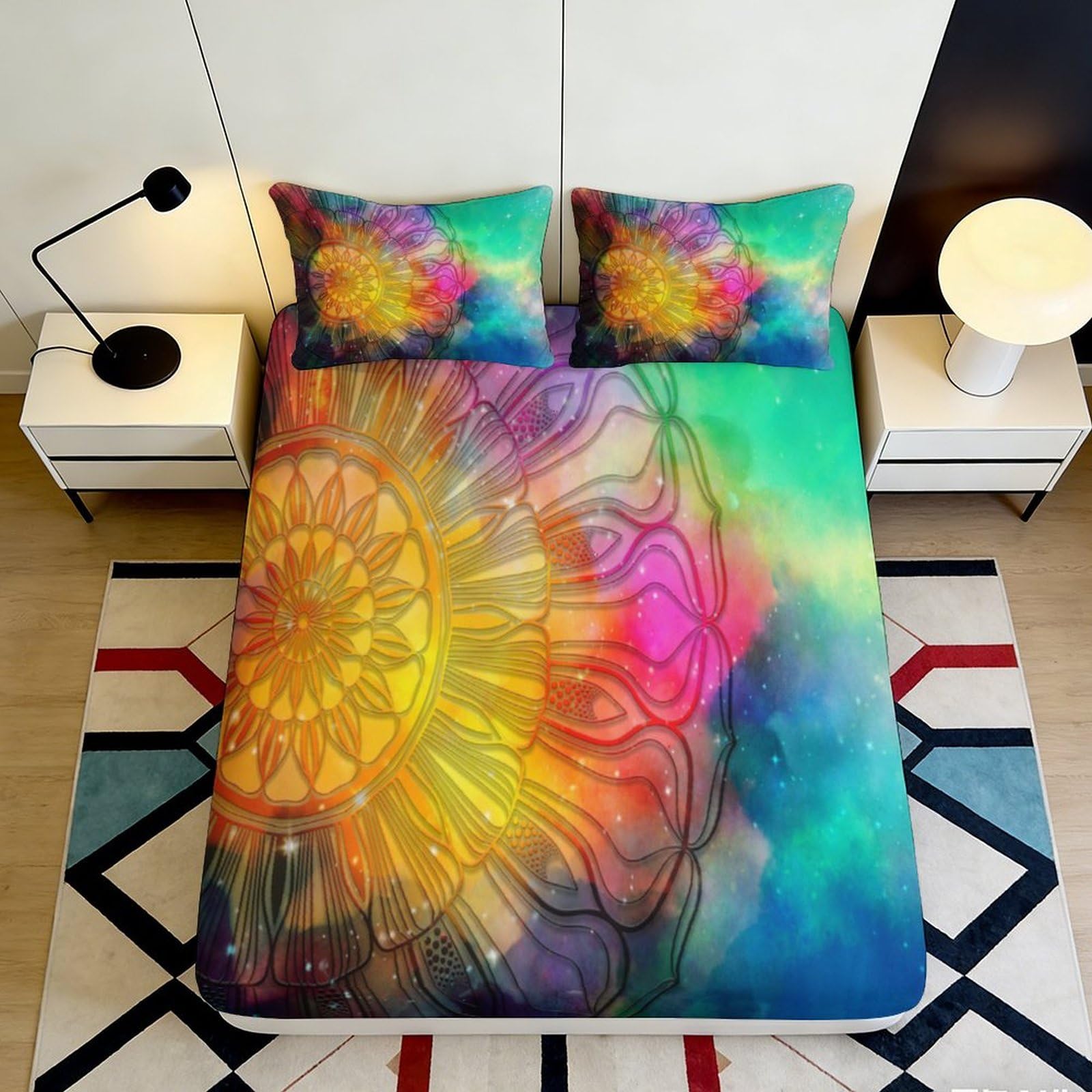 3D Printed Colorful Mandala Fitted Sheet Microfiber Soft Breathable Cosmic Nebula Bed Cover for Bedroom Dormitory Guest Room Mattress Protection 90x200x25cm