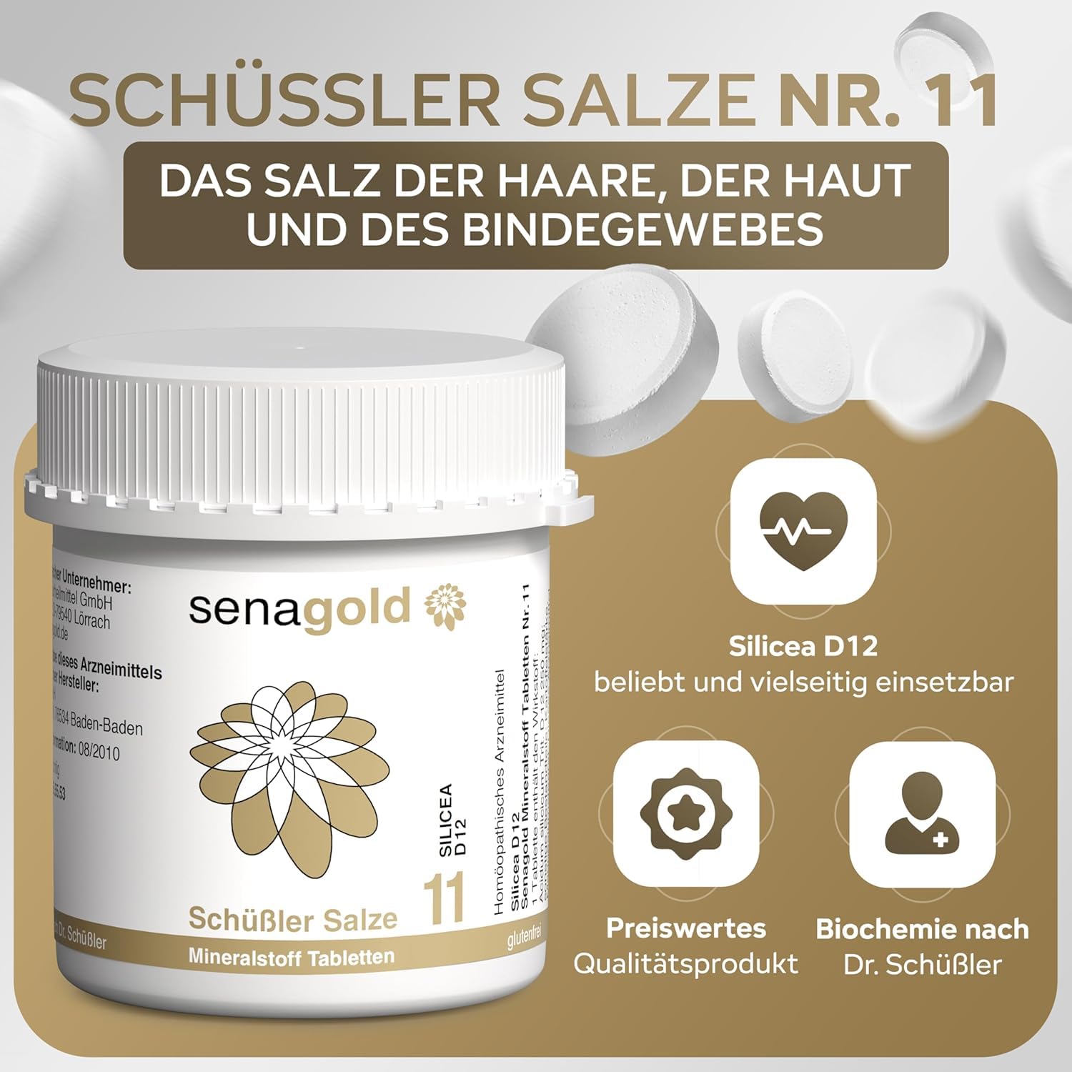Senagold Schüssler Salze Nr. 11 – Silicea D12 – 3x400 Tabletten – Das Salz der Haare, der Haut und des Bindegewebes – gluten- & alkoholfrei – hergestellt nach Homöopathischem Arzneibuch in Deutschland