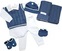 Saida Maternidade Completa Recem Nascido Menino Menina 7 Peças Sanches Baby (Jeans com Branco)