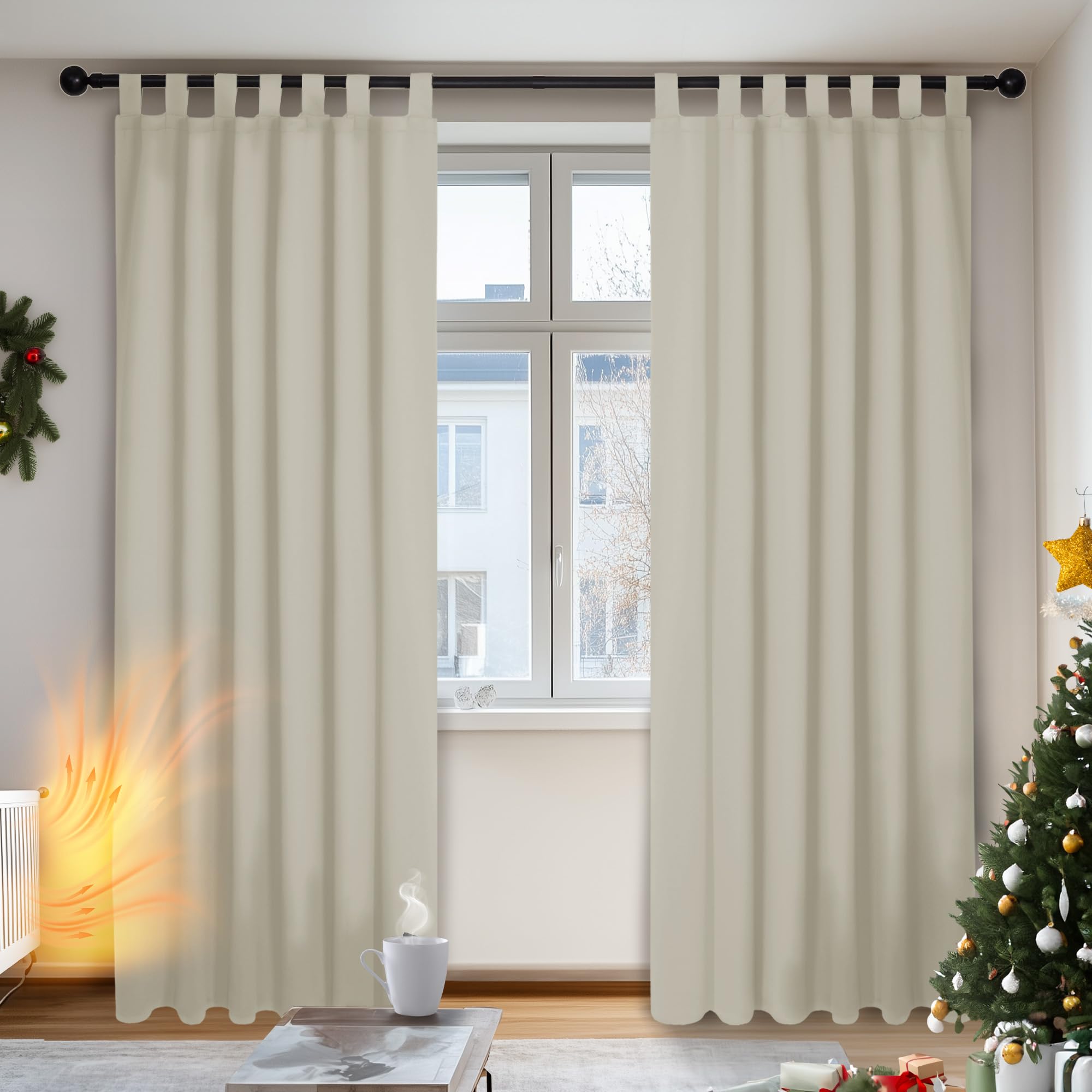 Deconovo Gardinen Blickdicht Verdunkelungsvorhang Schlaufen Thermogardine Kälteschutz Schlafzimmer, 220x140 cm(HöhexBreite), Creme, 2er Set