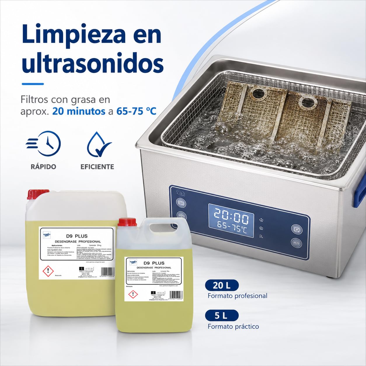D9-PLUS Quitagrasas Profesional 20 L, Uso Directo, Desengrasante Enérgico para Filtros de Campana, Planchas, Superficies, Suelos y Grasas Alimentarias.