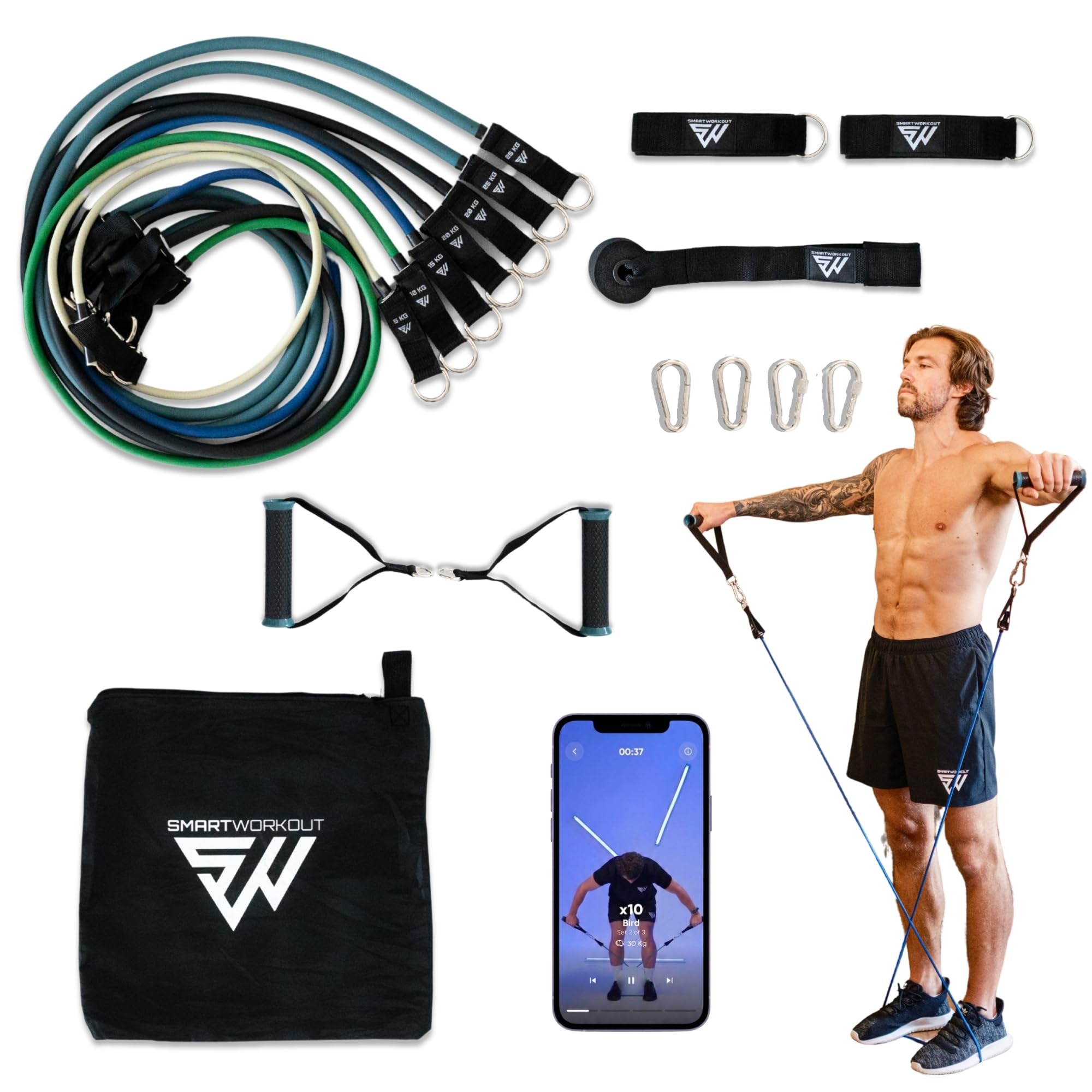 SMARTWORKOUT - Pro Resistance Band Set - 7 Adjustable Resistance Bands 5-120kg - Handles, Ankle Straps, Door Anchor - 150+ Exercises, Video Programmes Included - Portable