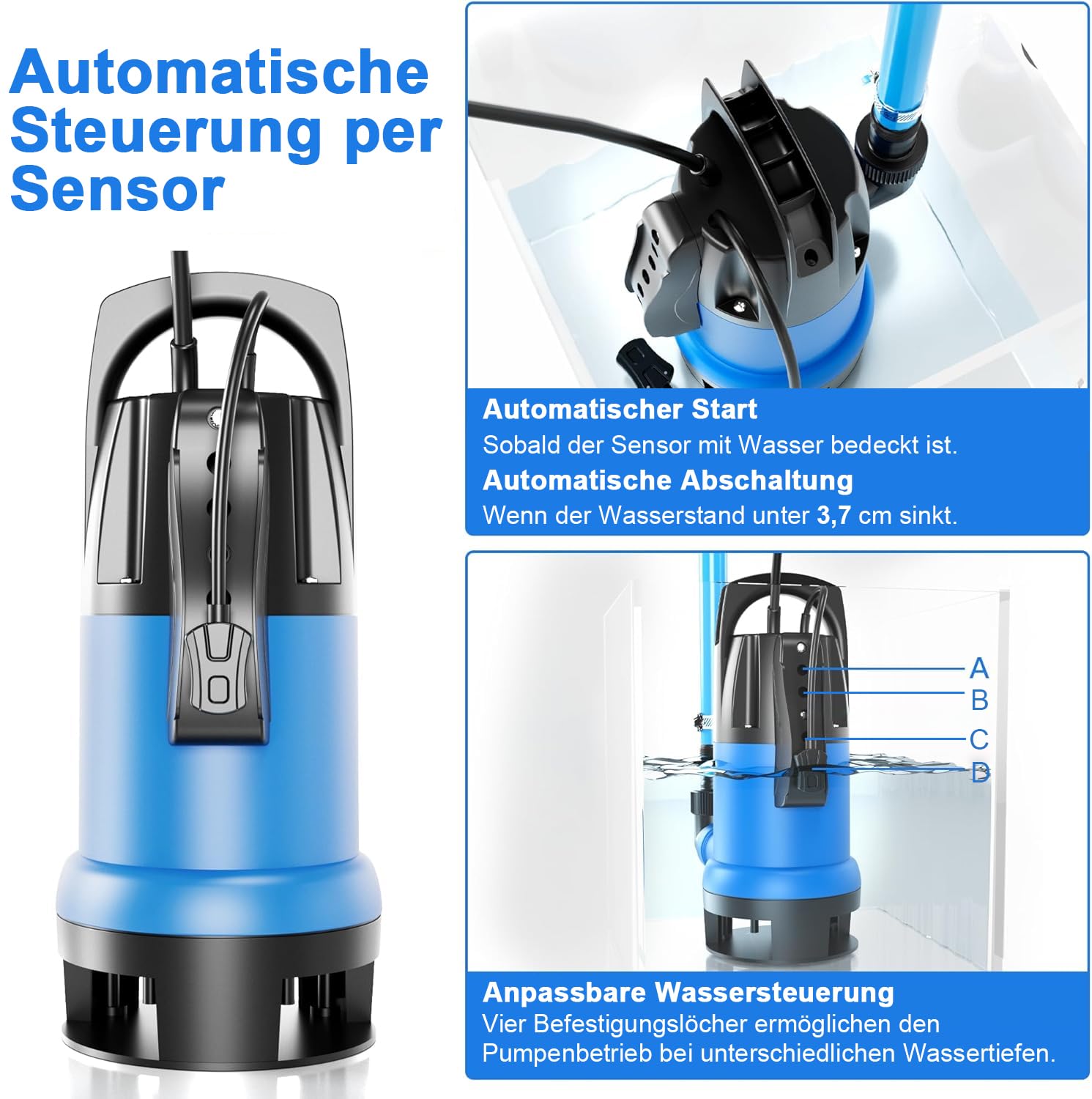 FOTING Bomba de aguas sucias 900W, capacidad de 14.000 l/h, Altura máxima de suministro 8,5 m, inmersión máx. 7 m, interruptor de flotador, cuerpos extraños hasta 35 mm, para sótanos y alcantarillas