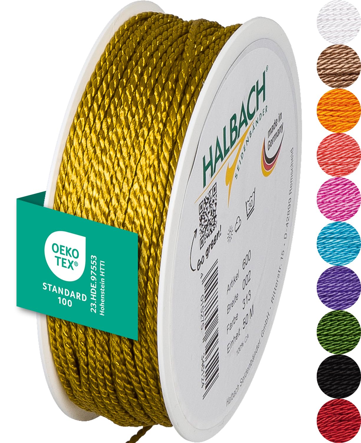 Halbach Seidenbänder Premium Kordel (dunkelgelb) | Breite 2mm Länge 50m | Made in Germany & Öko-Tex Zertifiziert | glänzende Satinkordel aus Acetat