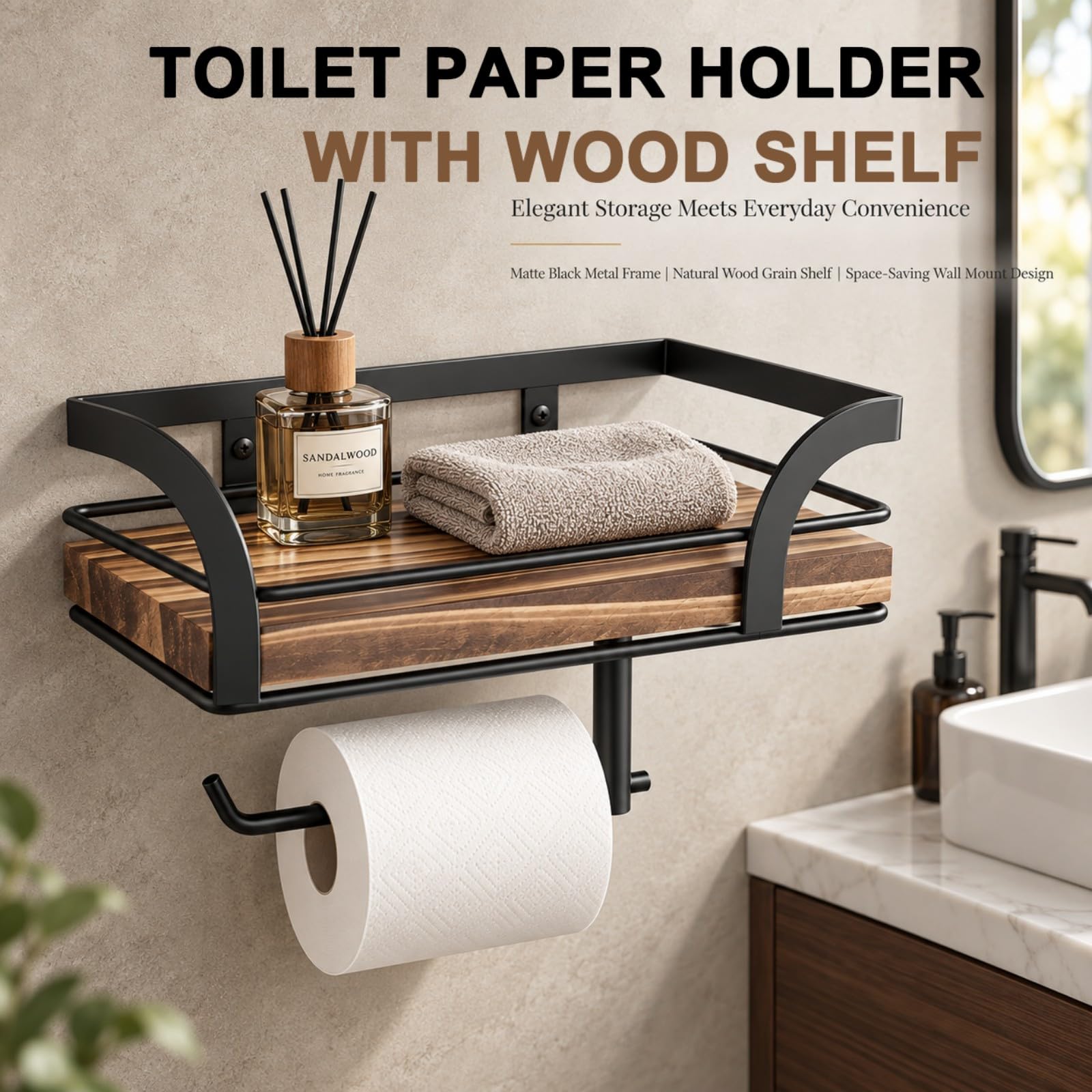 Wood Toilet Paper Holder with Shelf, Rustic Farmhouse Wall Mount, Brown — Amazon image 2