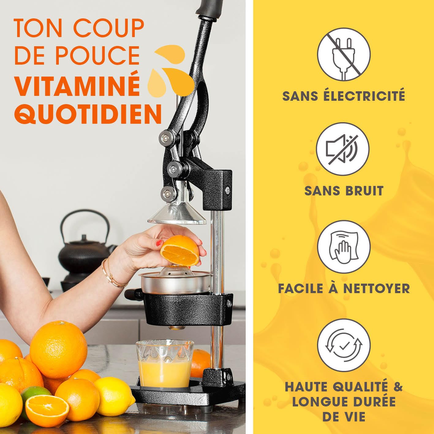 Lumaland Entsafter Zitronenpresse manuell leise Gusseisen Handpresse Zitrusfrüchte Orangenpresse Slow Juicer schwarz