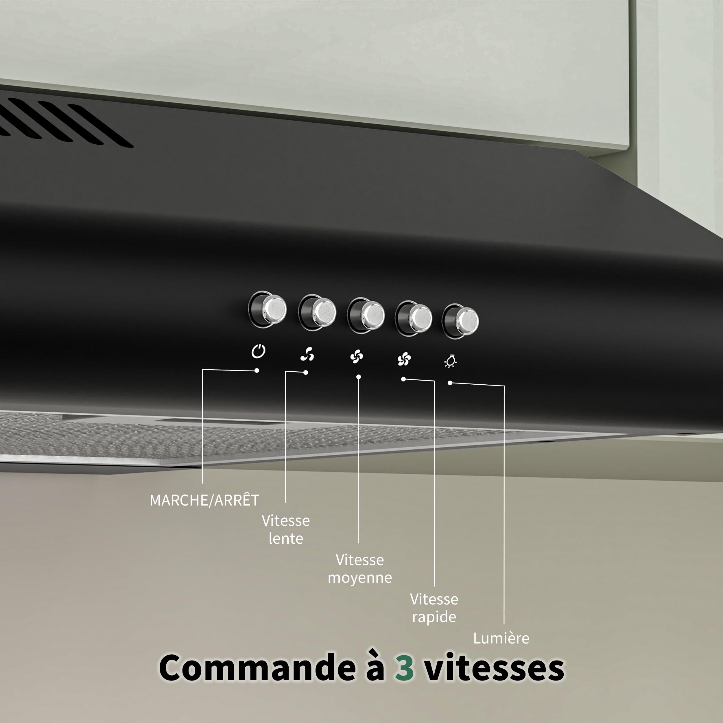 FIREGAS Hotte Aspirante 60 cm Noire – Moteur Sans Balais, 250 m³/h, 3 Vitesses, Classe Énergétique A+, Faible Niveau Sonore, Installation Murale ou Sous Meuble