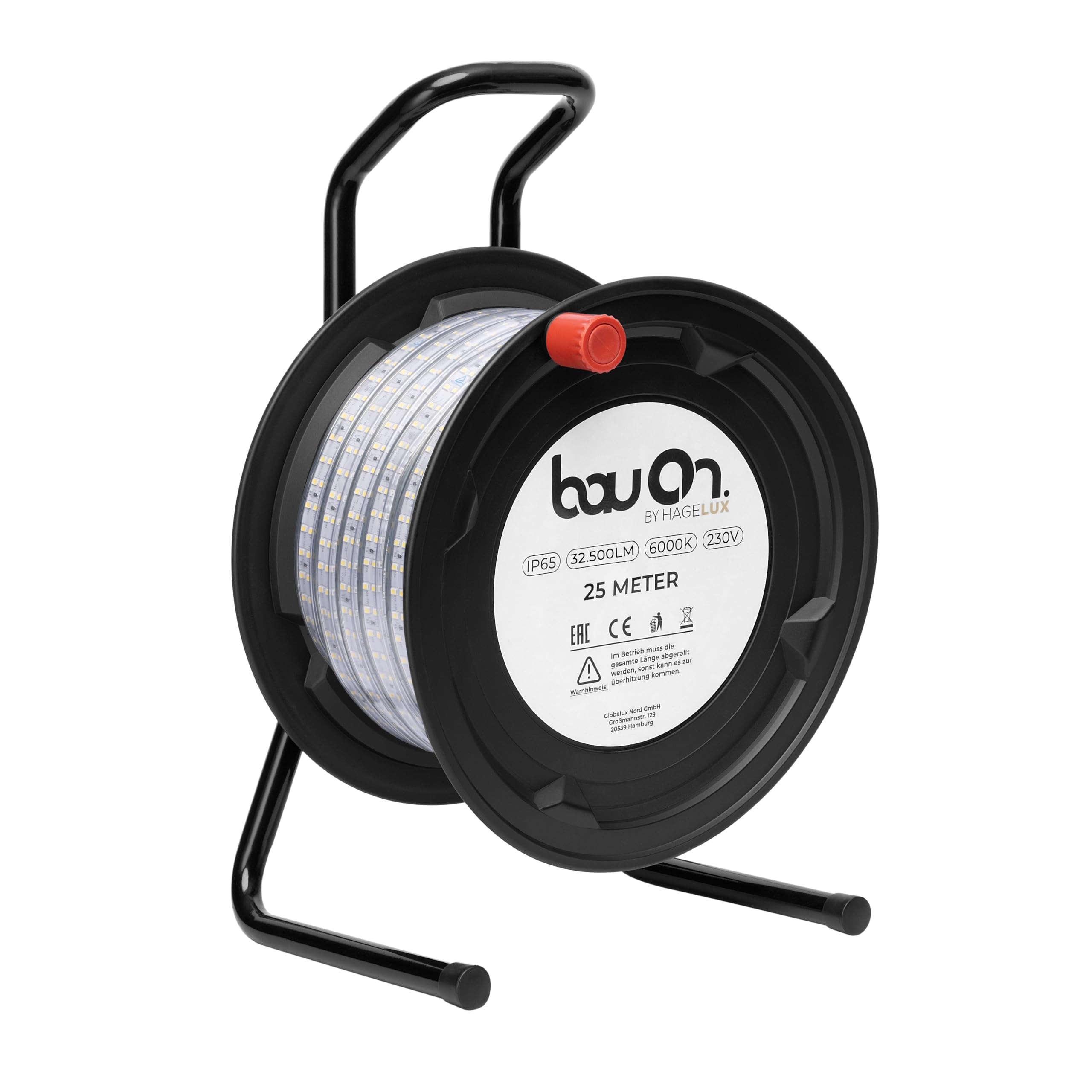 BauOn 25Meter Baustellenbeleuchtung, LED Trommel, 6000k, 32500lm, IP65, 230V, LED Lichtschlauch auf Trommel, robuste Arbeitsleuchte für Baustelle & Werkstatt