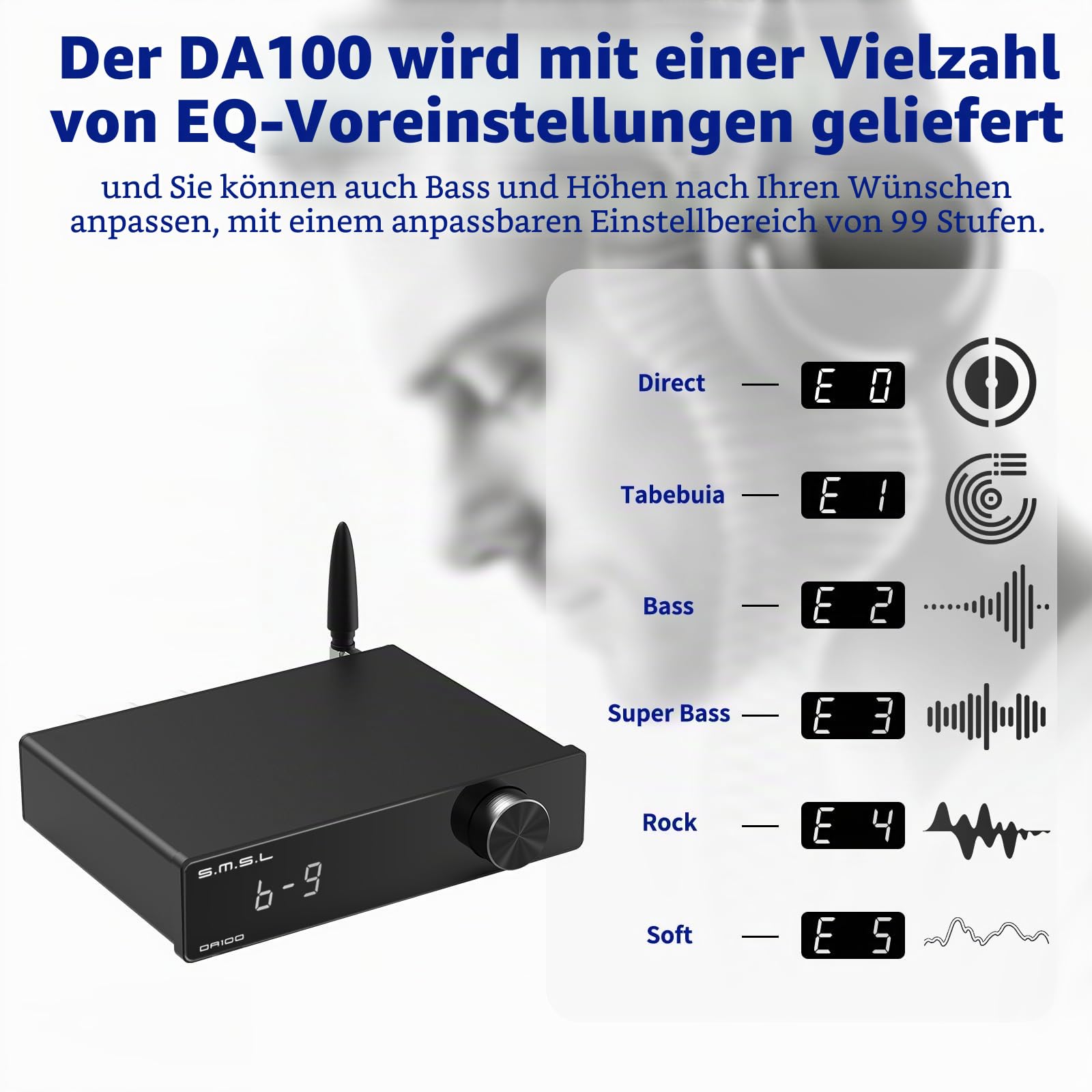 SMSL DA100 Leistungsverstärker 100W TI TAS5827 *2 Class-D-Verstärker Hoch-/Tiefpass 2.1 Subwoofer Bluetooth 5.3 Elektronische Lautstärkeregelung Stereo-Verstärker BT/USB/HDMI (ARC)/Optisch/Line-In