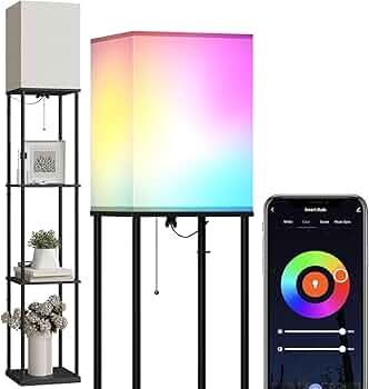 SUNMORY Floor Lamp with Shelves, Smart APP Control Standing Lamp with RGB Bulb, 4-Tier Dimmable Floor Lamps for Living Room, Tall Lamp for Bedroom, Office, Corner Display Bookshelf Lamp