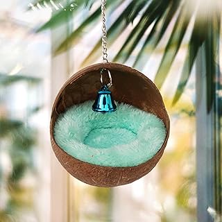 Natural Coconut Bird Nest,Natural Coconut Fiber Shell Bird Nest for Parrot, Hanging Coconut Bird Nest with Warm Pad and Bell for Budgerigar, Parakeet, Cockatiel, Love Birds(4.72inch)