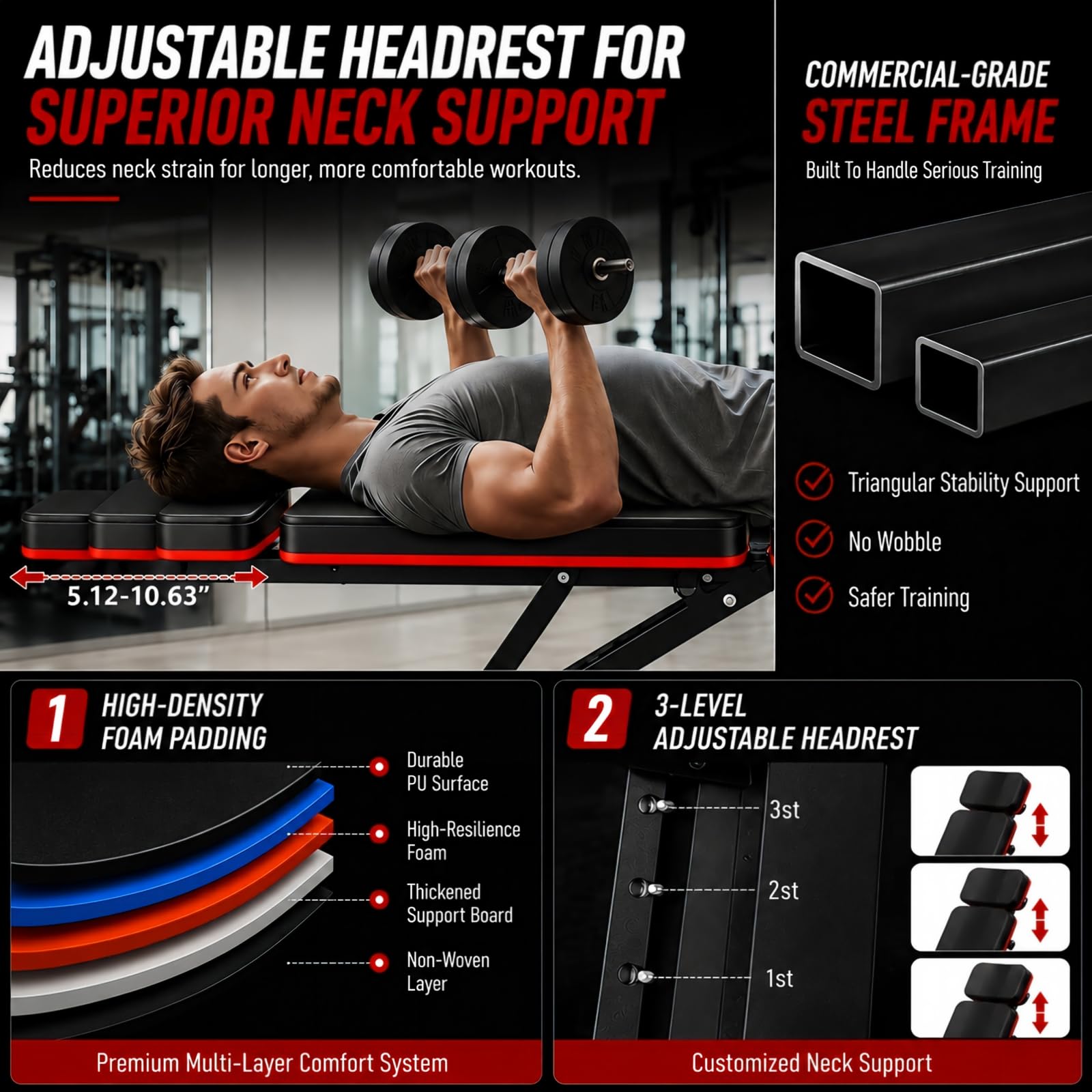 Adjustable Weight Bench, Foldable Workout Bench Press for Home Gym | Heavy duty utility incline decline flat bench with preacher curl, leg extension for full-body strength training.
