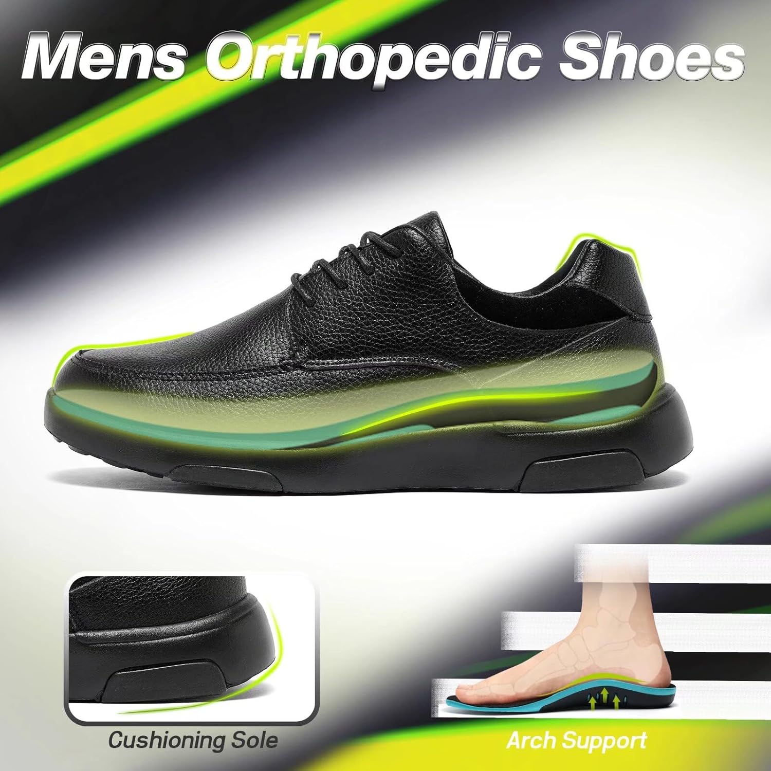 OrthoComfoot Men's Orthopedic Leather Dress Walking Shoes: Comfortable Plantar Fasciitis Fashion Sneakers with Arch Support, Casual Flat Feet Business Work Shoes for Foot and Heel Pain Relief - Image 2