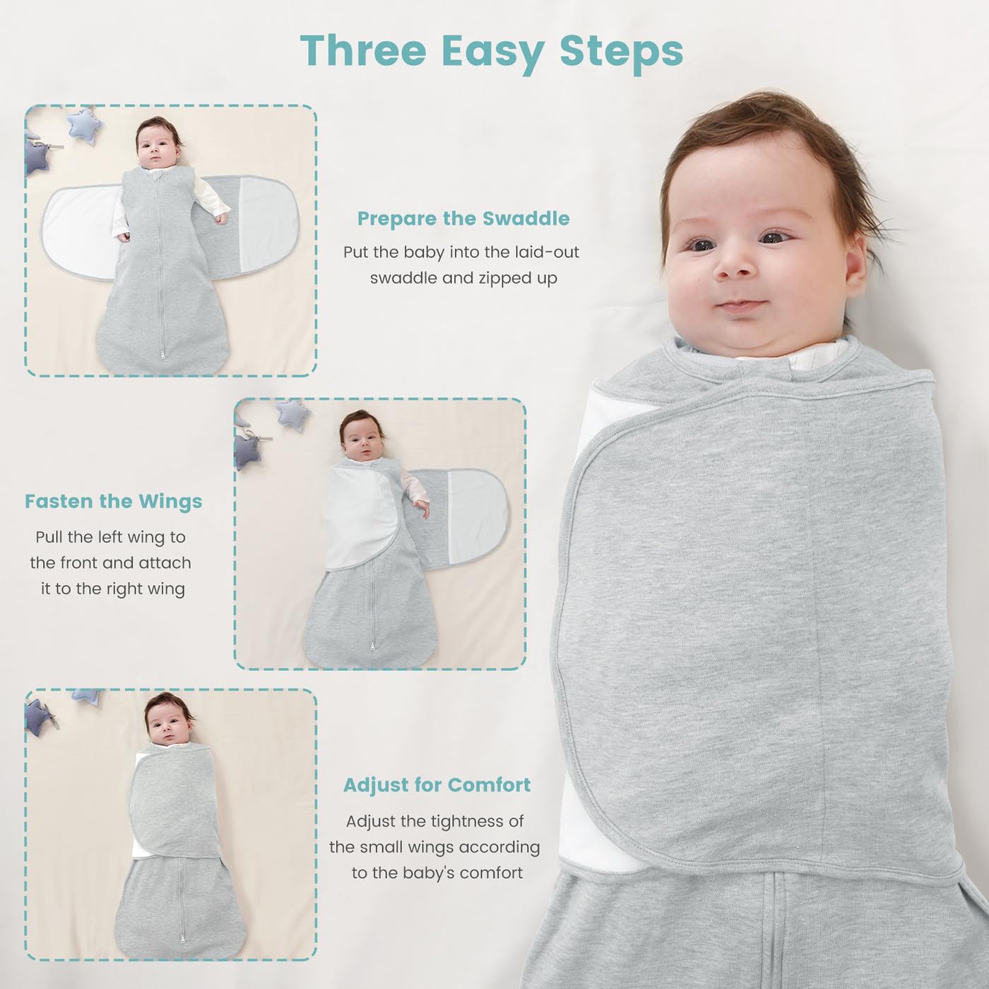 LILBESTIE Baby Sleeping Swaddle Bag 1.0 Tog 3-in-1 Adjustable Silent Hook Baby Swaddle Blanket Wrap 100% Cotton 0-6 Months, Grey - Image 4