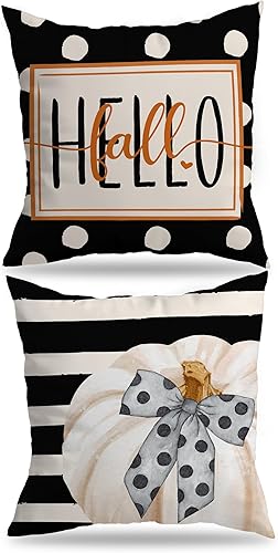 Hello Fall - Fundas de almohada con lazo de calabaza, 18 x 18 pulgadas, juego de 2 fundas de almohada de temporada de otoño de Acción de Gracias,