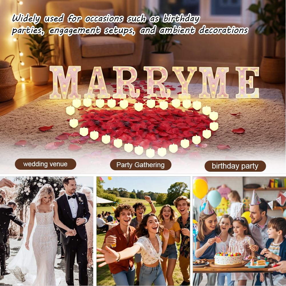 LOMUG Rosa MARRY ME świecące litery jako dekoracja na oświadczyny, znak MARRY ME z 24 bezpłomieniowymi świecami w kształcie serca, 2000 płatków róż na oświadczyny, romantyczna dekoracja nocna