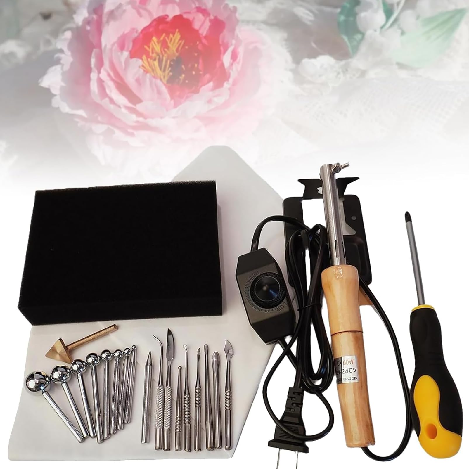 Ferro da Stiro Elettrico per Fiori Artificiali, Creatore di Fiori in Tessuto Fai-da-Te con 18 Teste da Stiro, Set di Strumenti per Modellare Petali di Fiori Finti, Temperatura Regolabile
